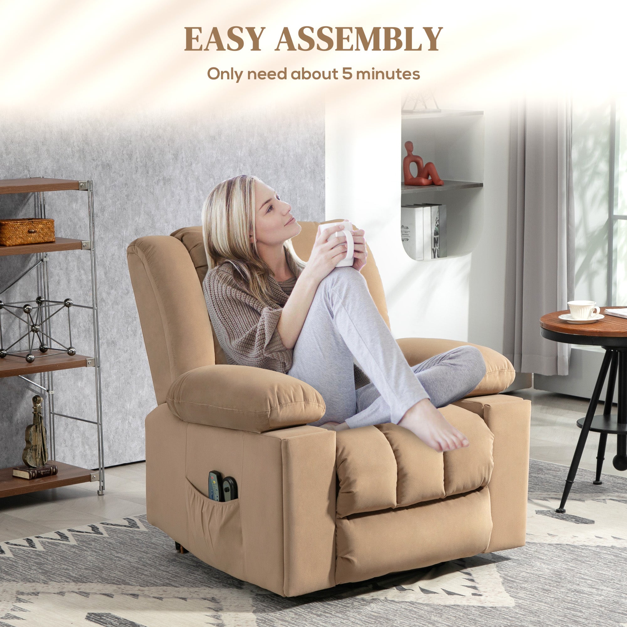 Power Lift Recliner Chair with Vibration Massage and Heat, Electric Lift Chair for Elderly, Overstuffed Fabric Riser and Reclining Armchair with USB Ports, Cup Holders, Light Brown