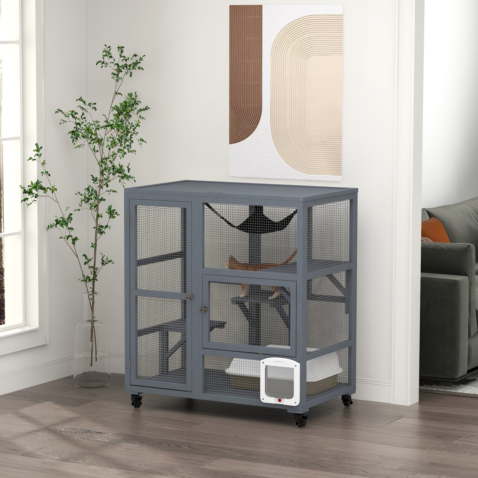 Cat House, Wooden Outdoor Catio Cat Enclosure on Wheels, Wooden Kitty Cage with Platforms, Hammock, Light Grey