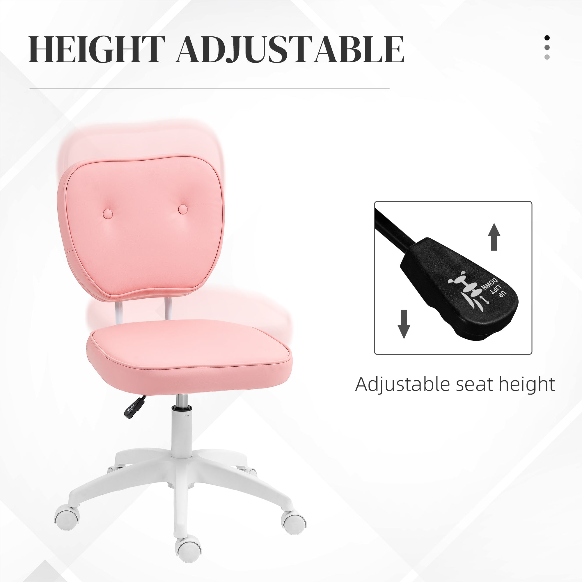 Vanity Office Chair, PU Leather Computer Chair for Home, with Adjustable Height, Armless, Swivel Wheels, Pink