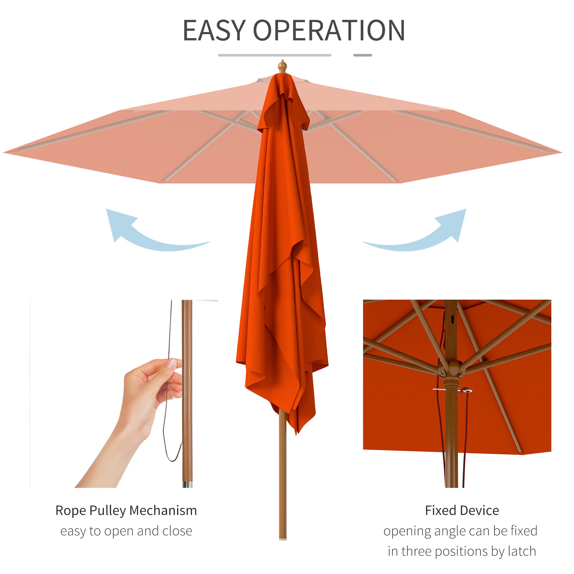 2.5m Wooden Garden Parasol Sun Shade Patio Umbrella Canopy - Orange