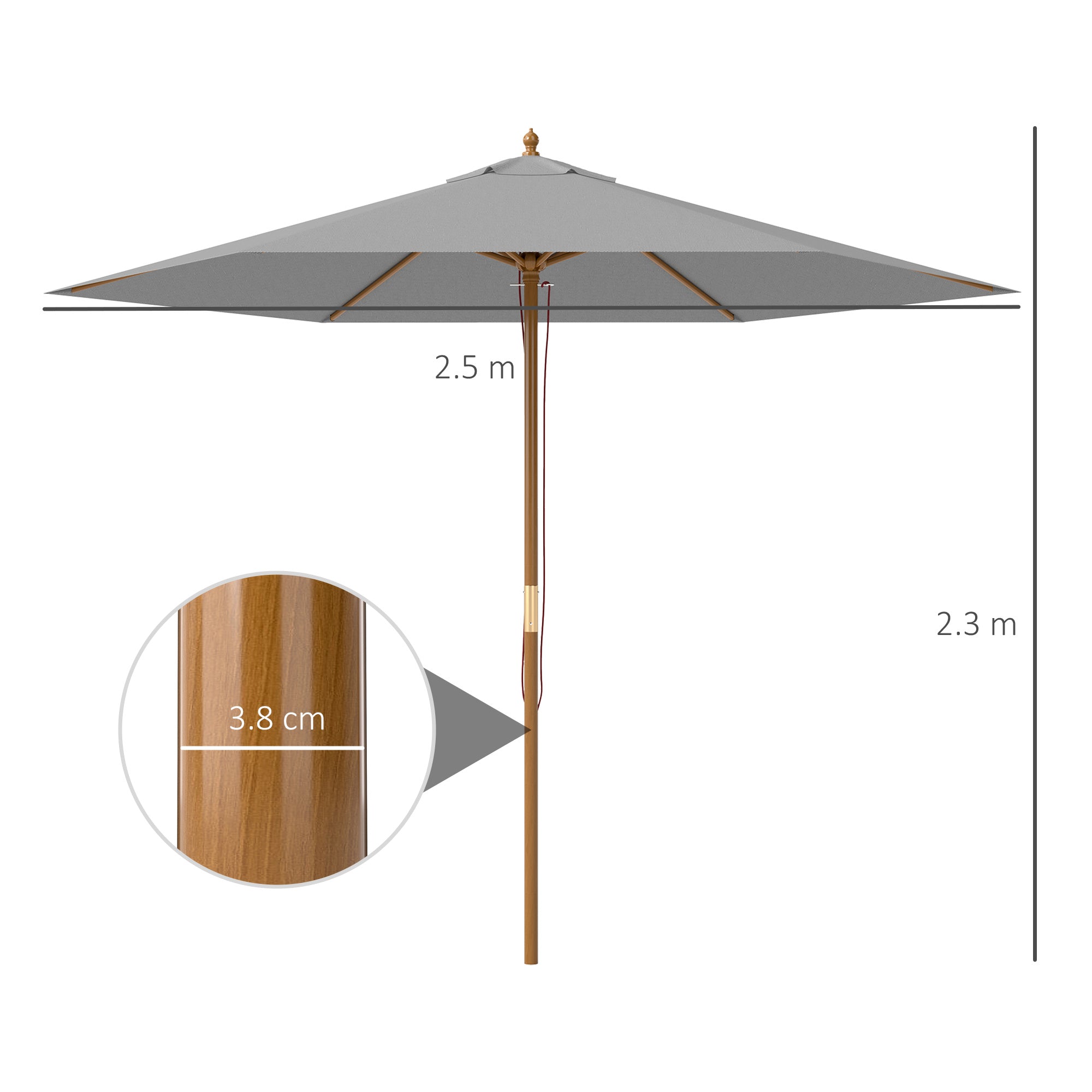 2.5m Wooden Garden Parasol Sun Shade Umbrella - Light Grey