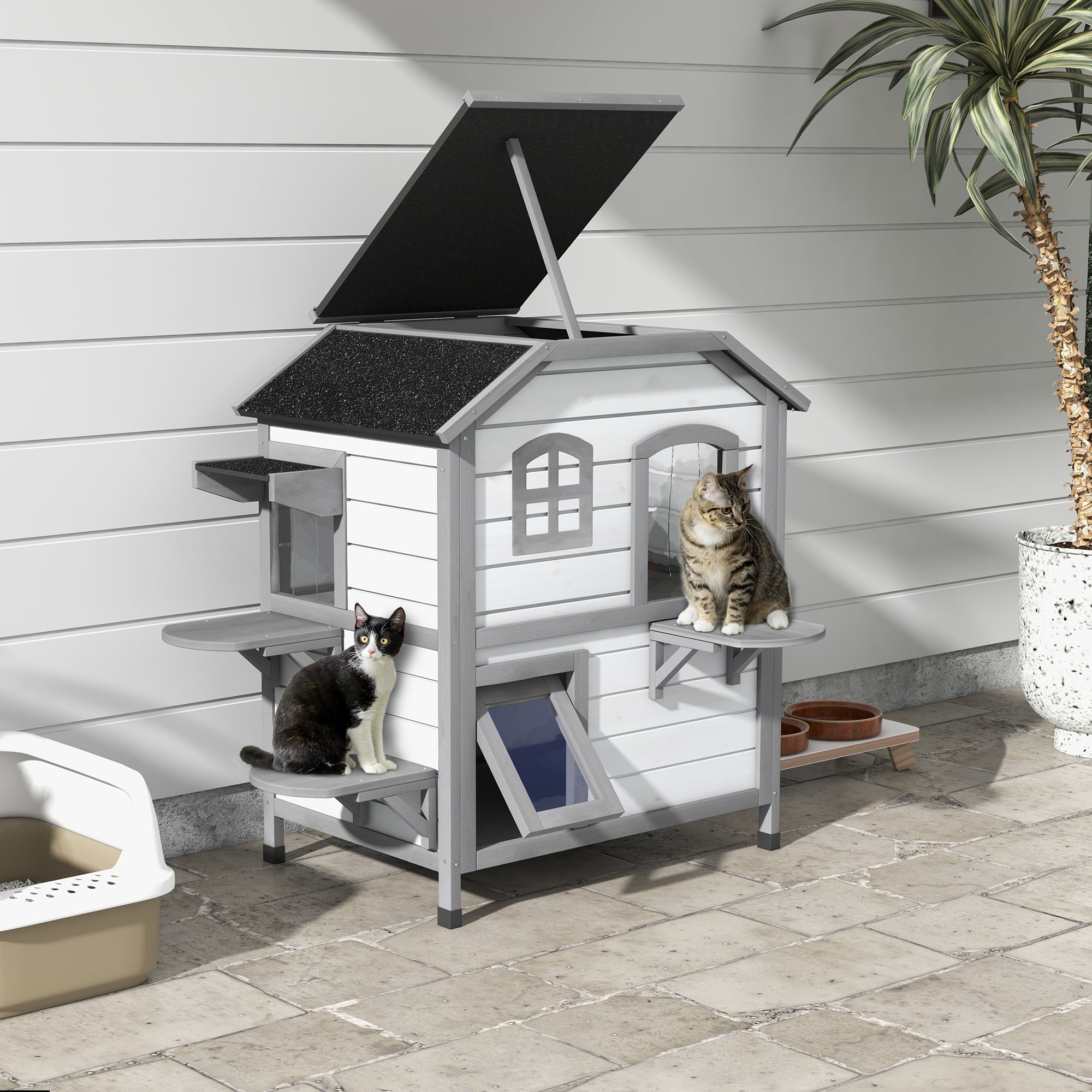 2-Story Indoor or Outdoor Cat House W/ Escape Door, Cat Shelter, White