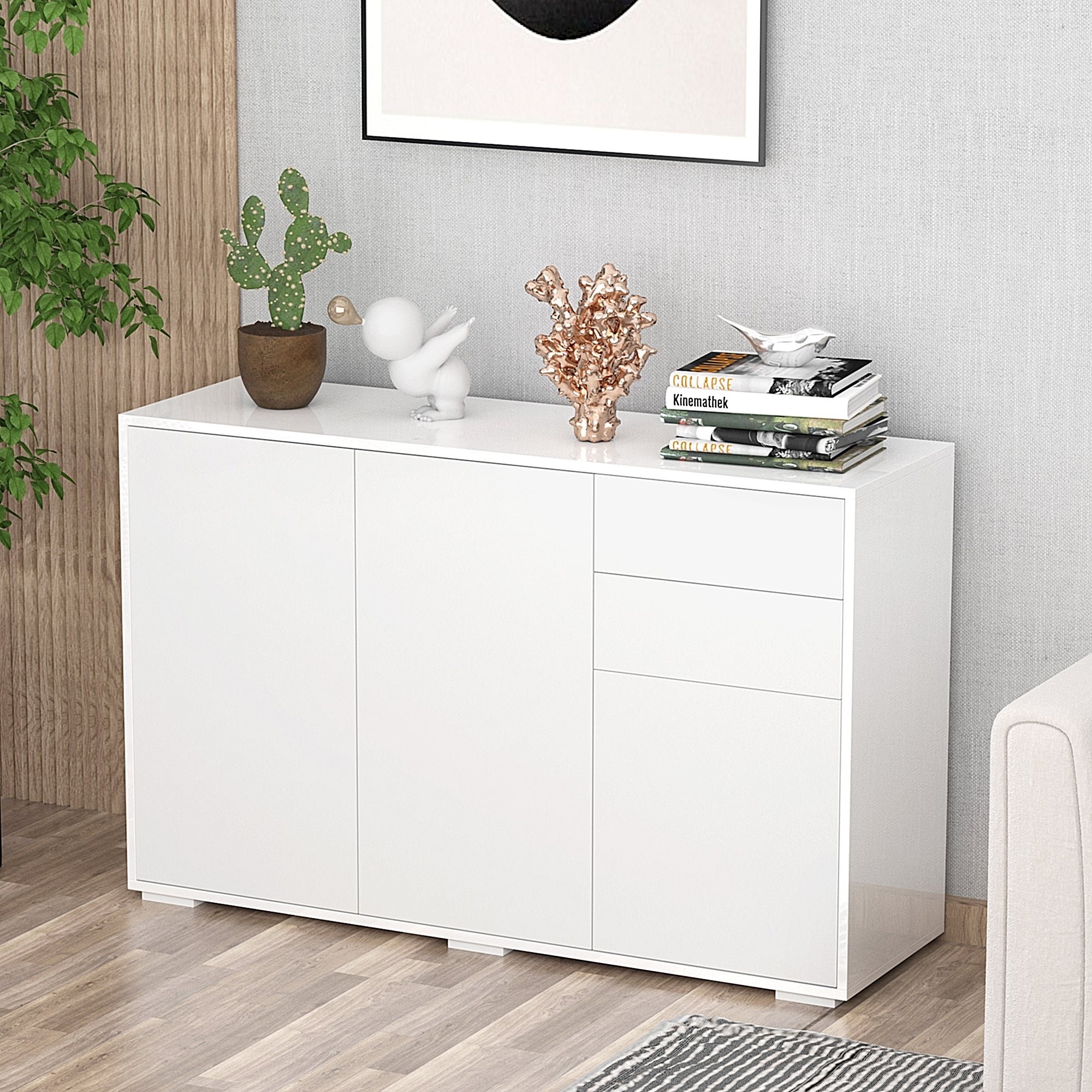 High Gloss Frame Sideboard, Side Cabinet, Push-Open Design with 2 Drawer for Living Room, Bedroom, White