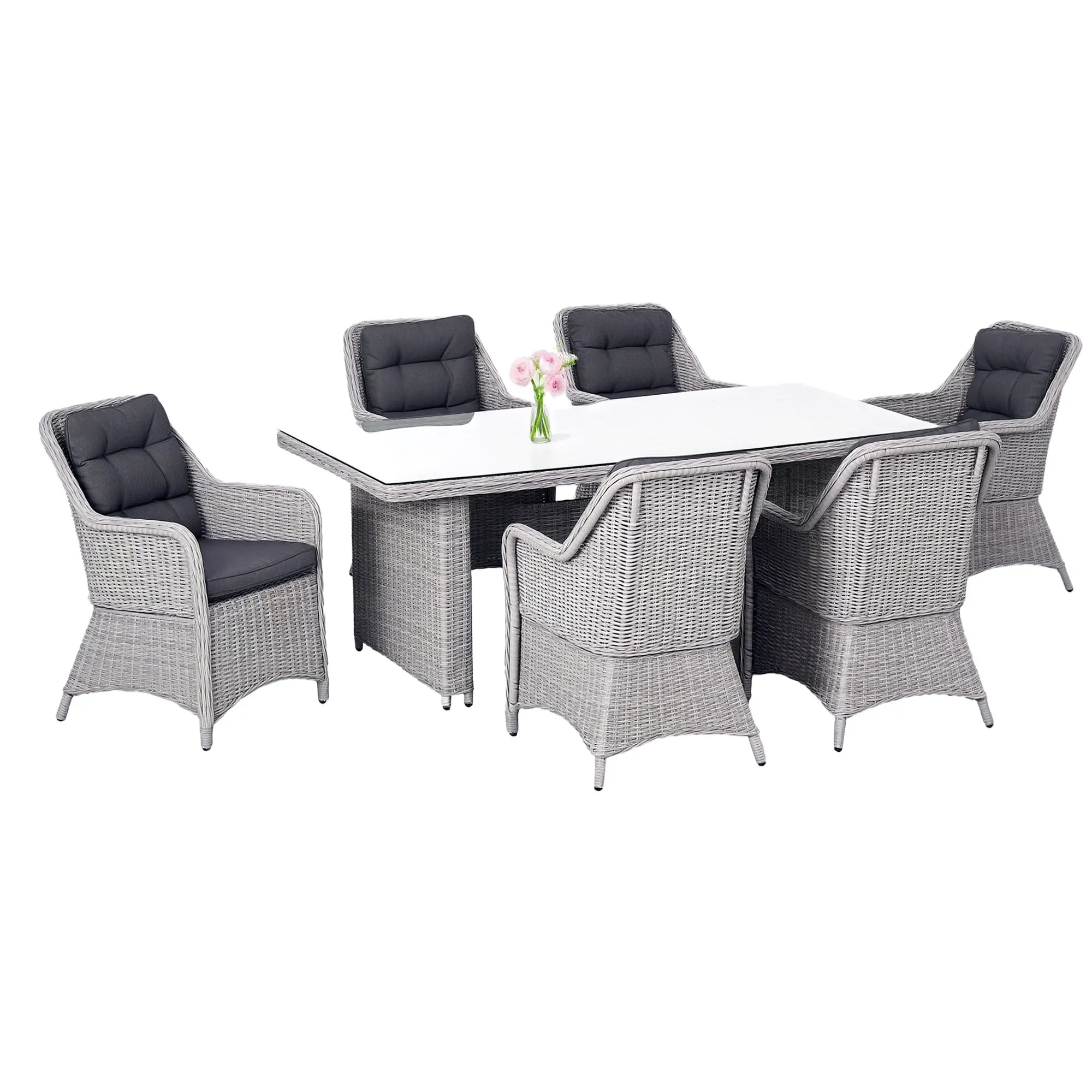 7 PCS Outdoor PE Rattan Dining Table Set, Patio Wicker Aluminium Chair Furniture w/ Tempered Glass Table Top, Grey