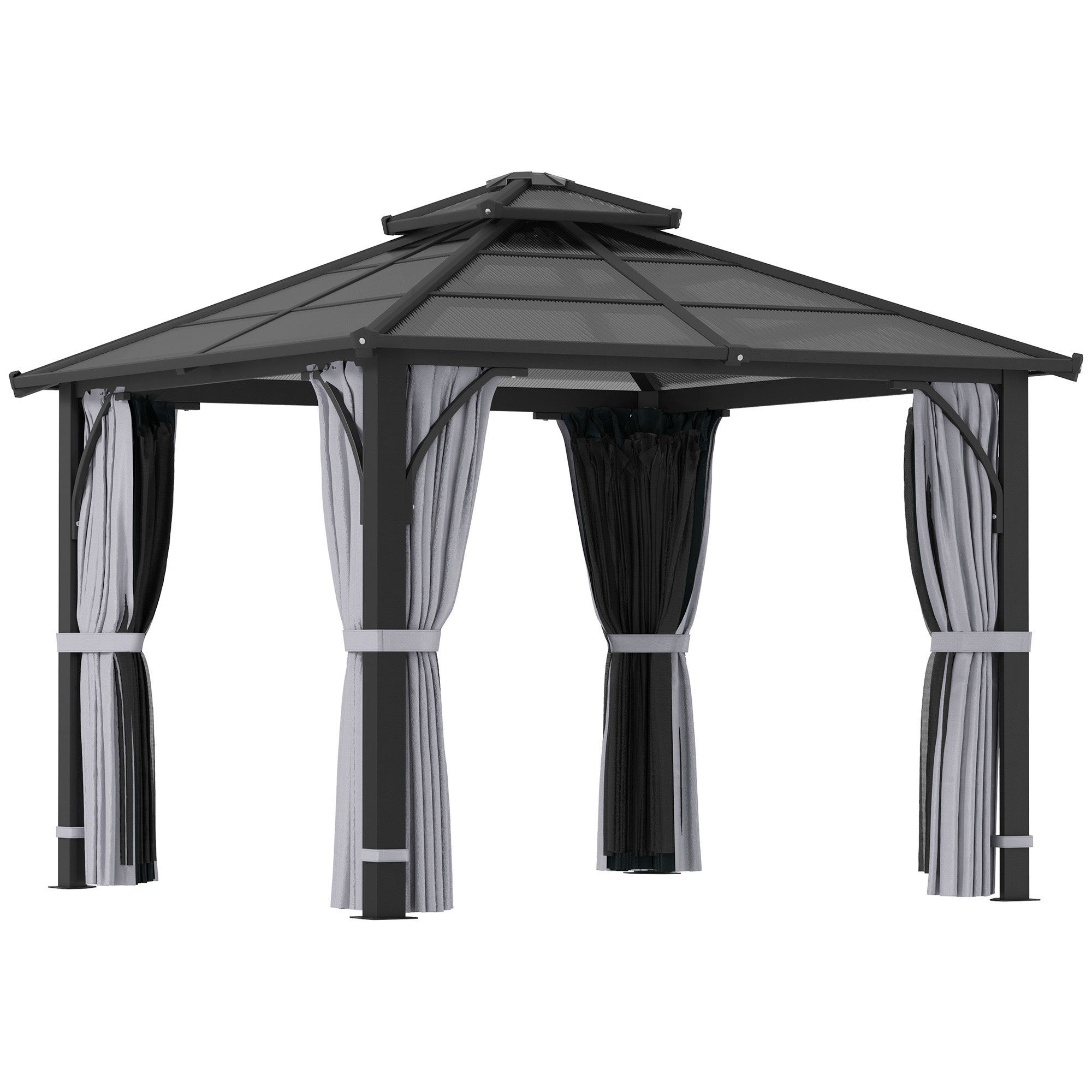 3 x 3m Hardtop Gazebo Canopy with 7mm Double Polycarbonate Roof, Mosquito Netting & Curtains - Dark Grey