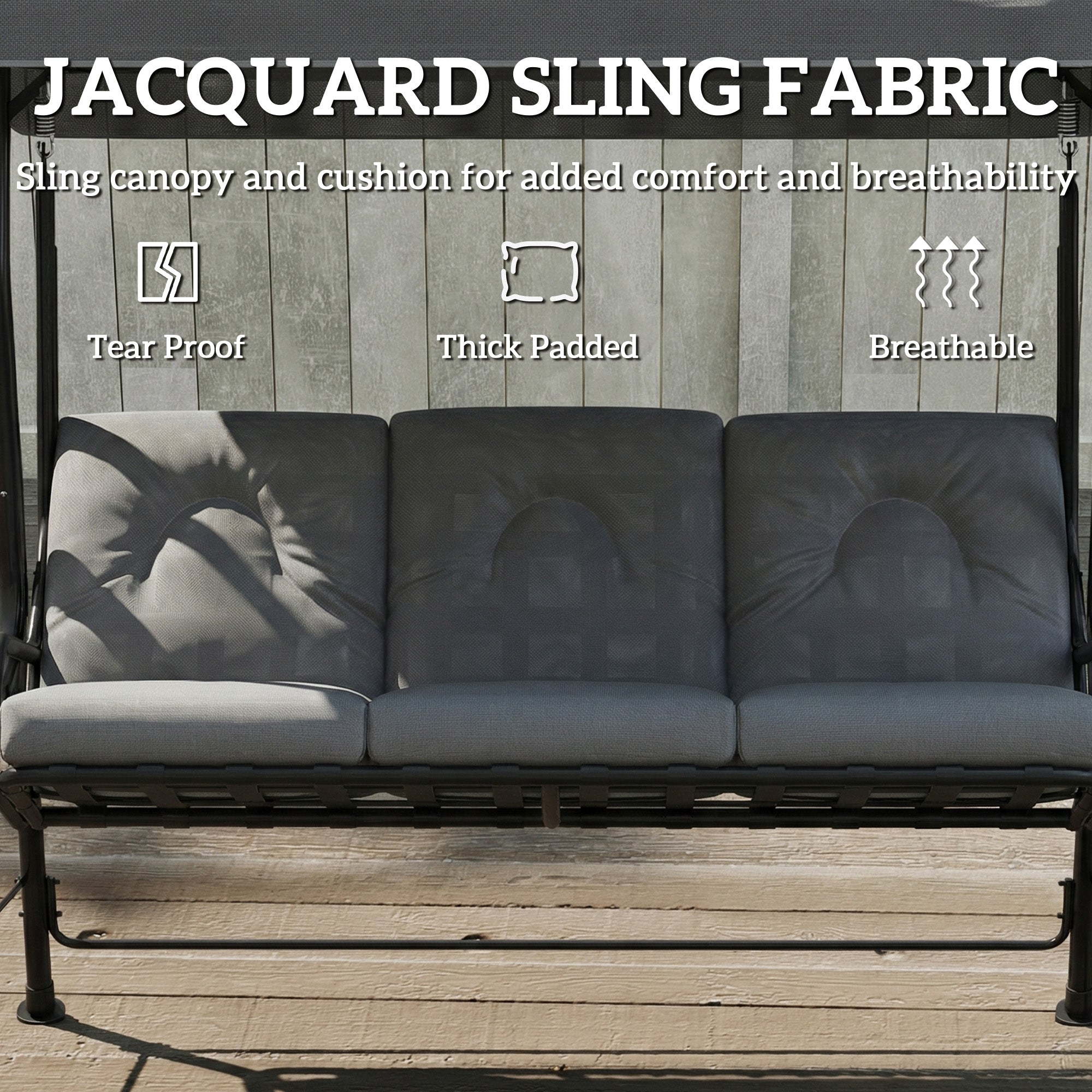 3-Seater Garden Swing Seat, Outdoor Swing Chair with Adjustable Waterproof Canopy, Light Grey