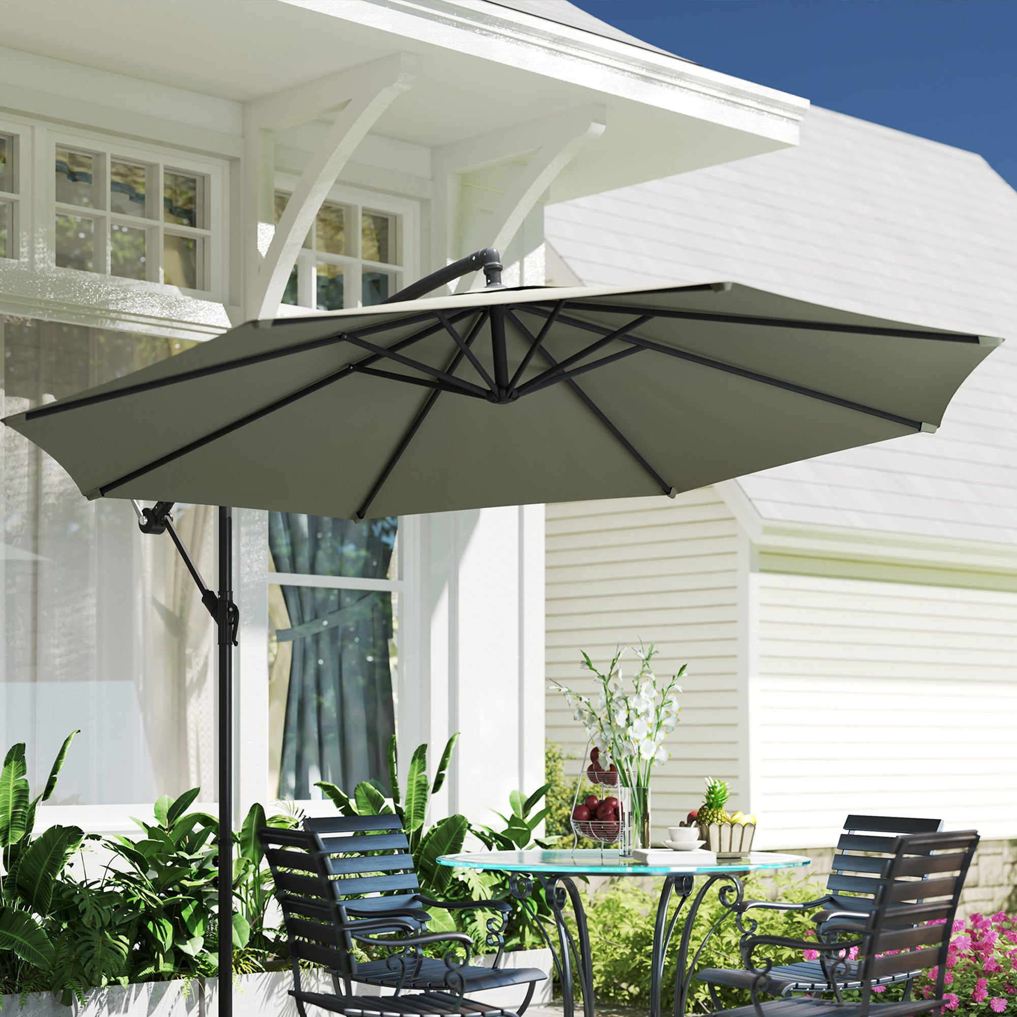 3m Overhanging Cantilever Parasol, with Cross Base - Light Grey