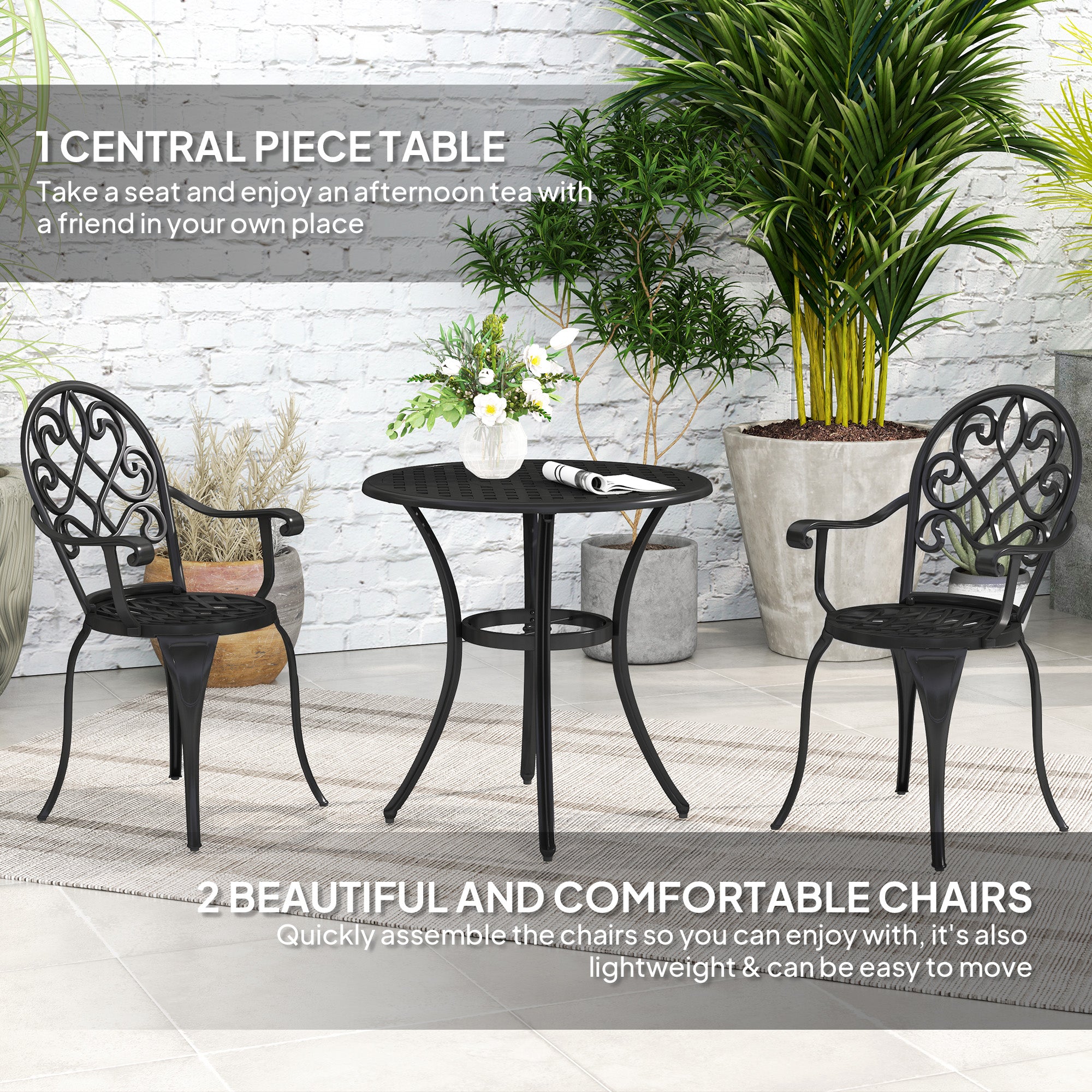Three-Piece Aluminium Garden Set with Table and Chairs - Black