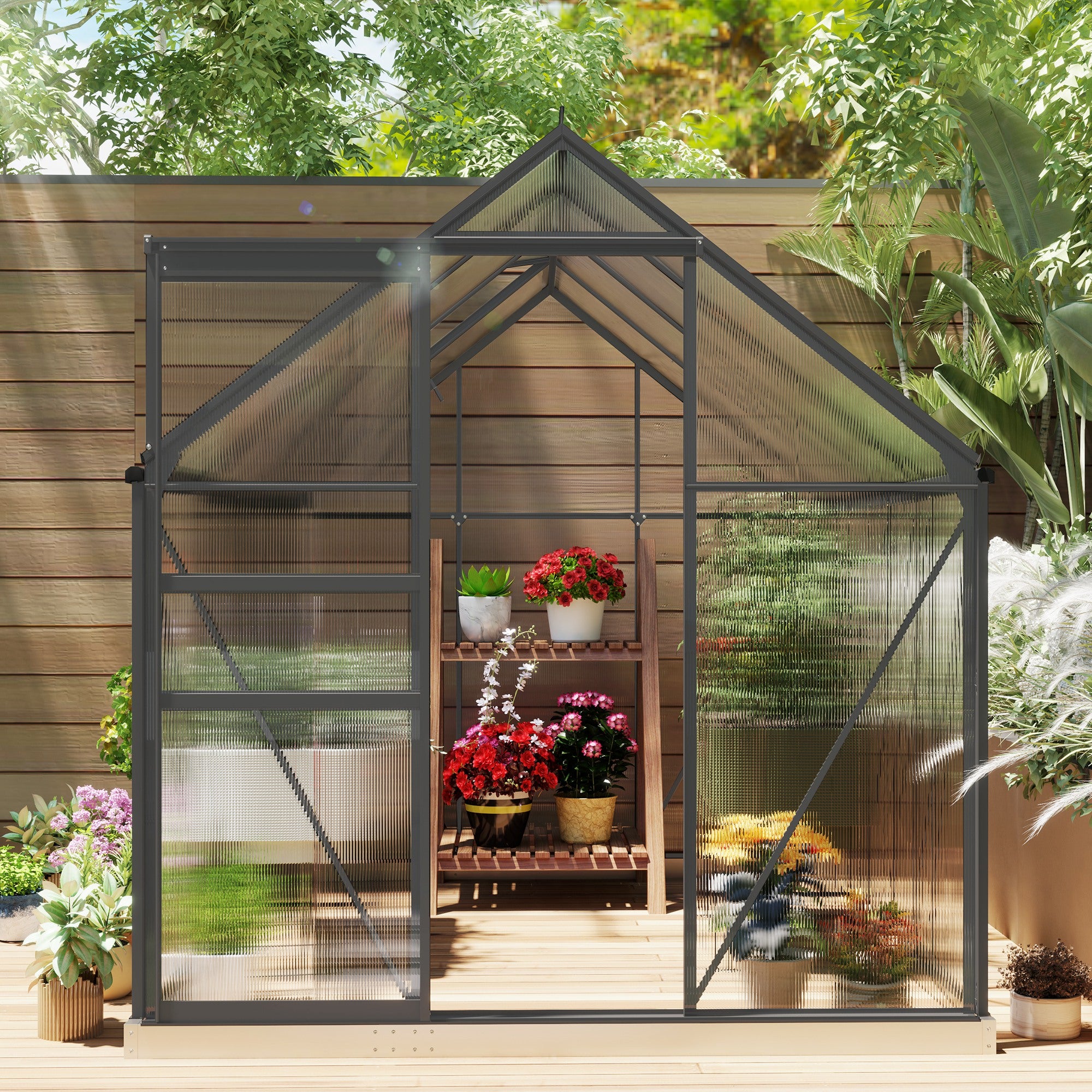 190 x 253 cm Walk-In Polycarbonate Greenhouse - Dark Grey