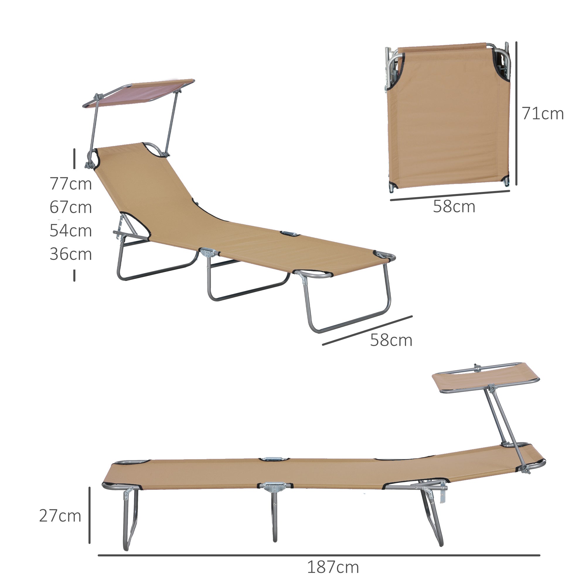 Sun Lounger, with Adjustable Face Canopy - Brown