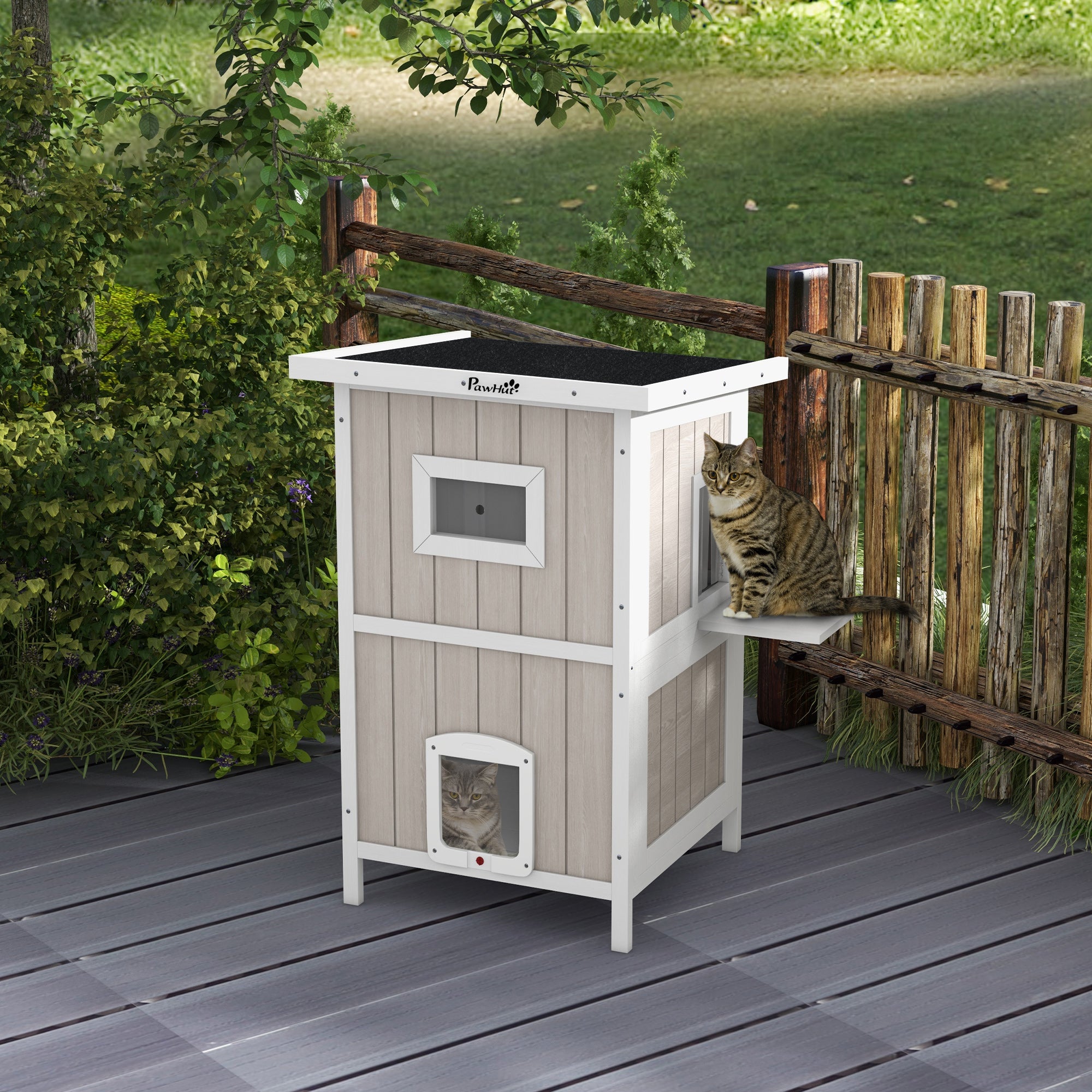 Outdoor 2 Tiers Wooden Cat Shelter w/ Removable Bottom, Escape Doors, Asphalt Roof, for 1-2 Cats - Light Grey