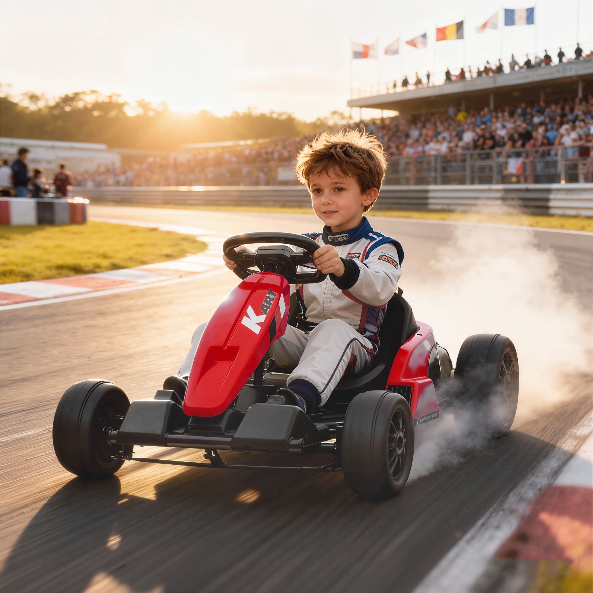 24V Electric Go Kart, Drift Kart with Adjustable Seat, Slow Start, 5-Point Harness, Music, Horn, for 6-12 Years, Red