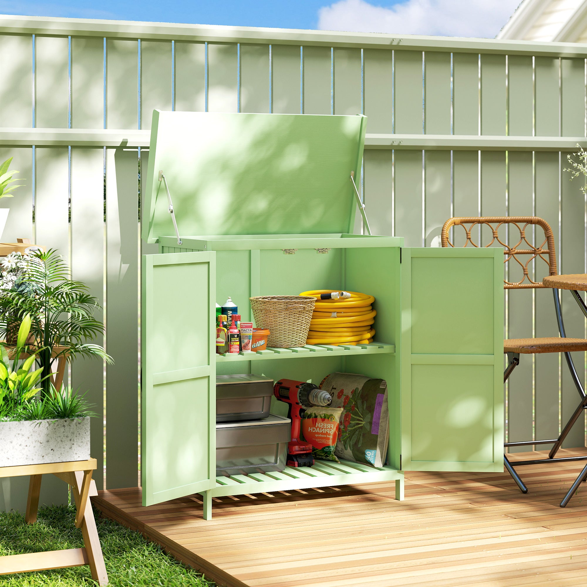 Wooden Garden Shed, Garden Tool Storage Shed with Hinged Roof and Shelf, Outdoor Storage Cabinet with Double Doors, Light Green