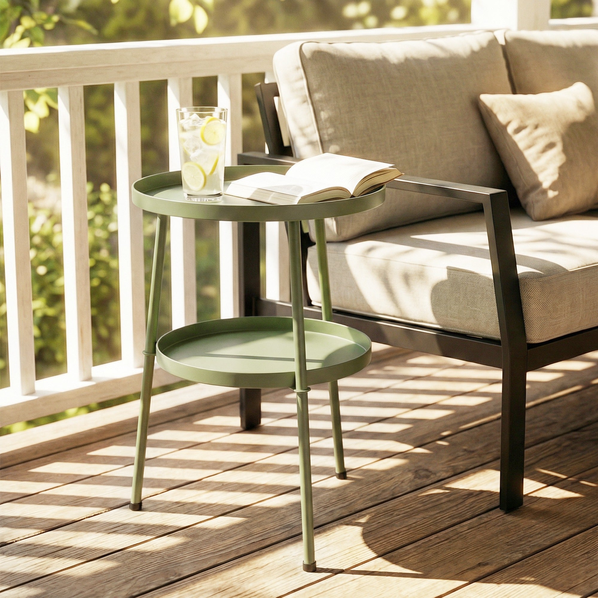 Patio Side Table, 2-Tier Round Coffee End Table for Garden Balcony Living Room Bedroom, Light Green