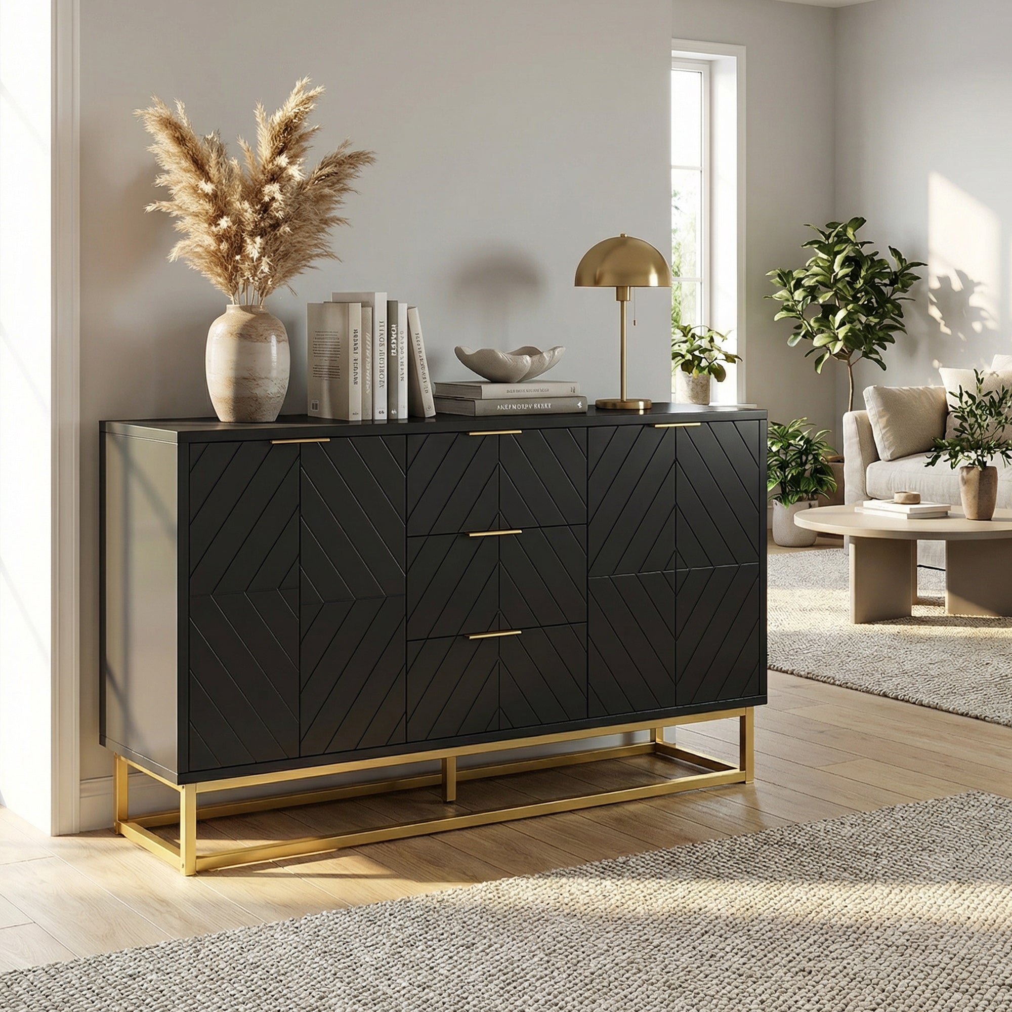 Sideboard with 3 Drawers and Adjustable Shelves for Living Room - Black