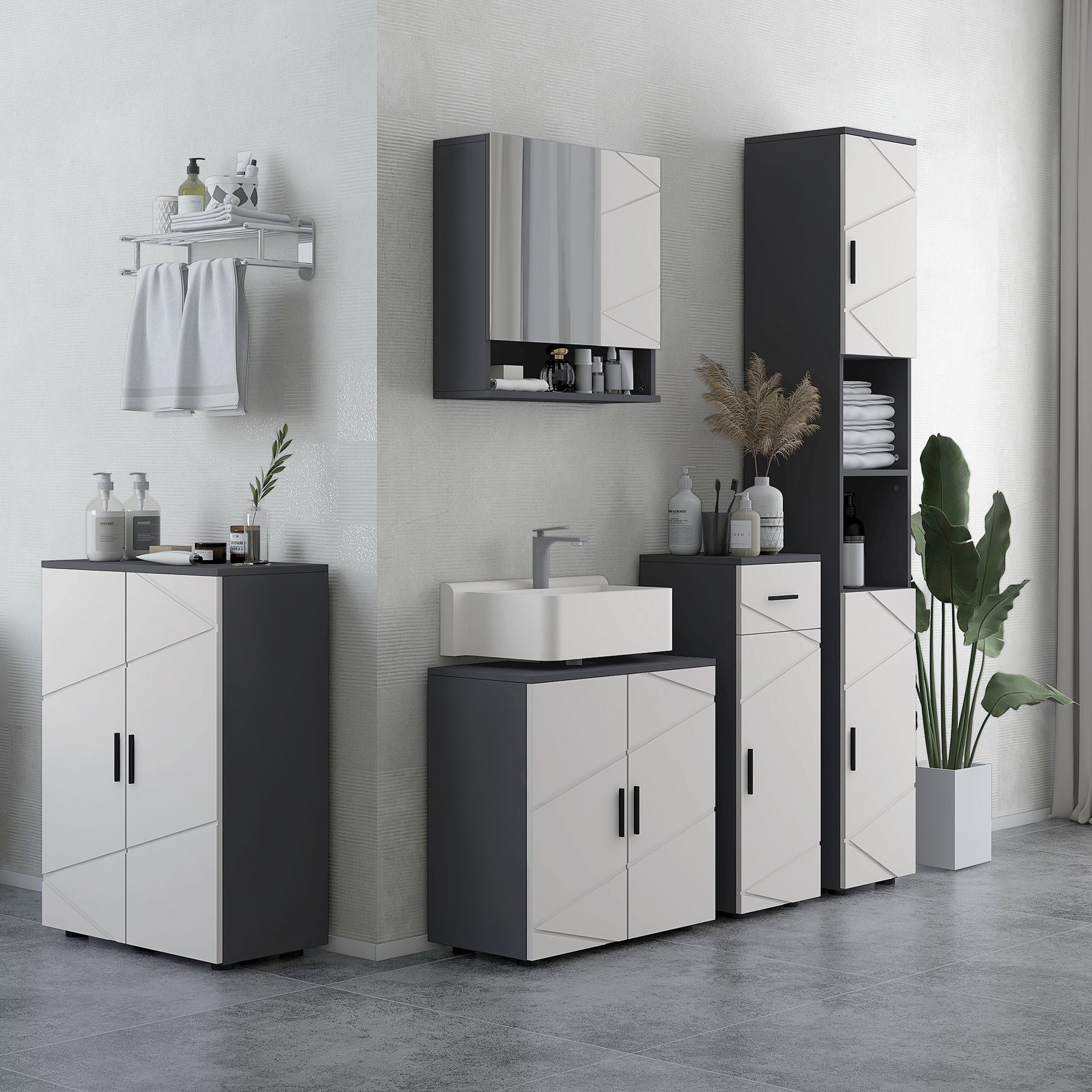 5-Piece Bathroom Furniture Set, Bathroom Storage Cabinet with Doors and Shelves, Tall and Small Floor Cabinets, Wall-mounted Mirror Cabinet, Under Sink Cabinet, Grey