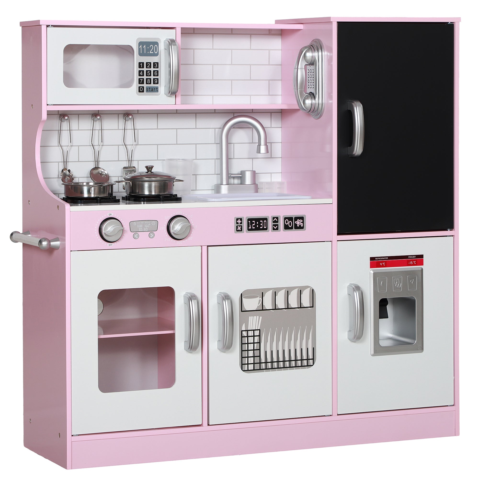 Pretend Play Kitchen Kids Kitchen Playset w/ Toy Phone, Chalkboard, Microwave, Cooking Stove, Sink