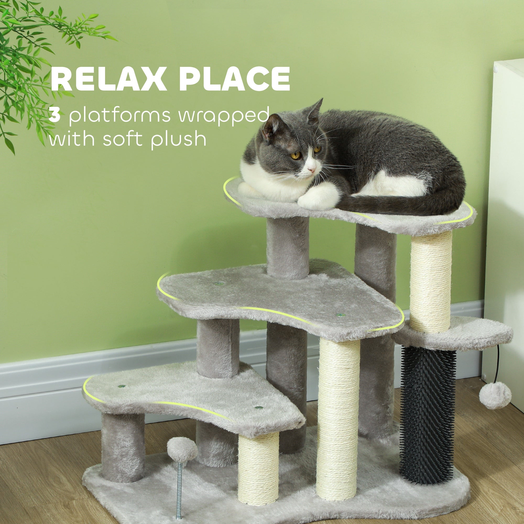 2-in-1 Cat Tree, Pet Stairs w/ Scratching Post, Toy Balls, for Bed, Sofa, Couch, Light Grey