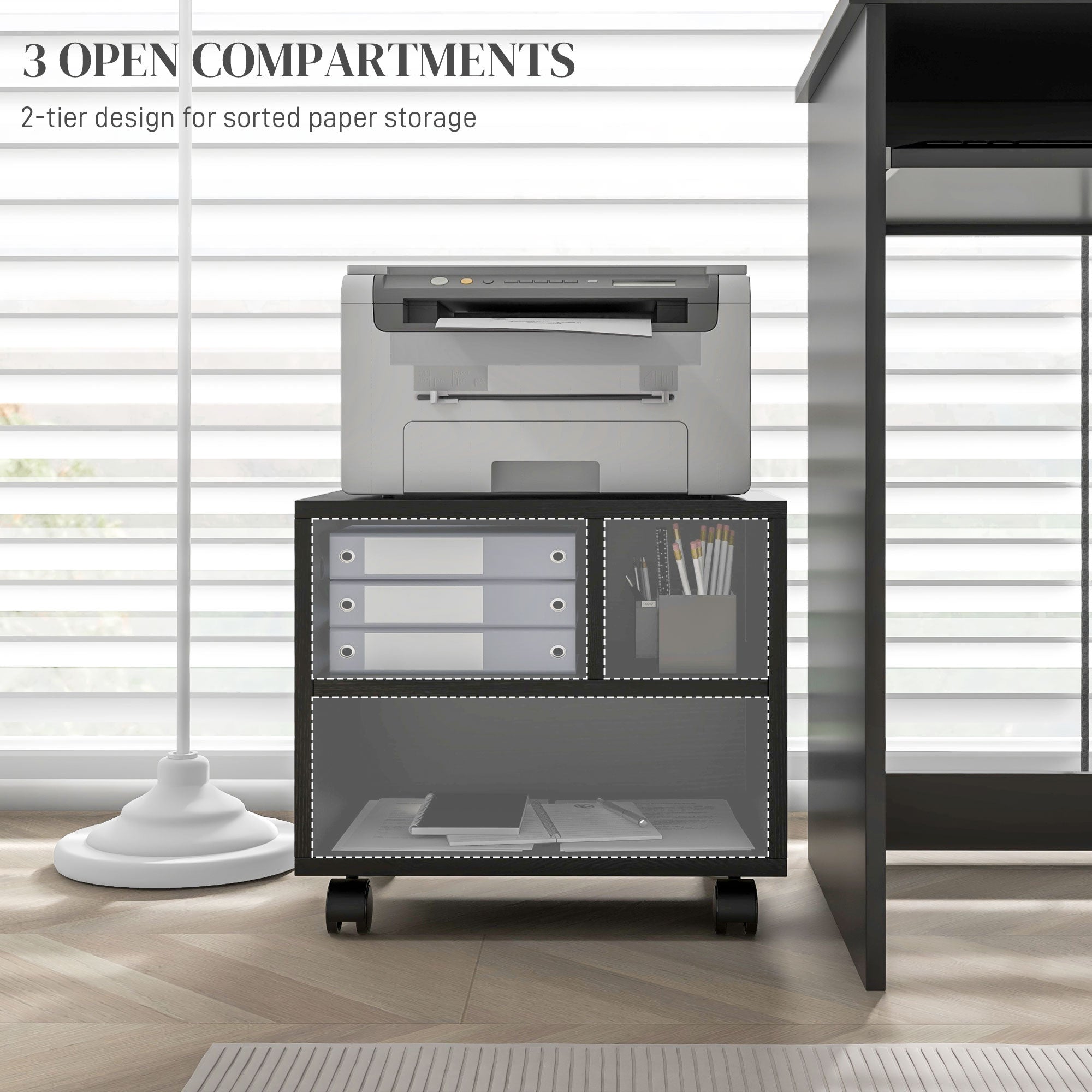 Three-Compartment Printer Cabinet with Wheels for Office Storage - Black