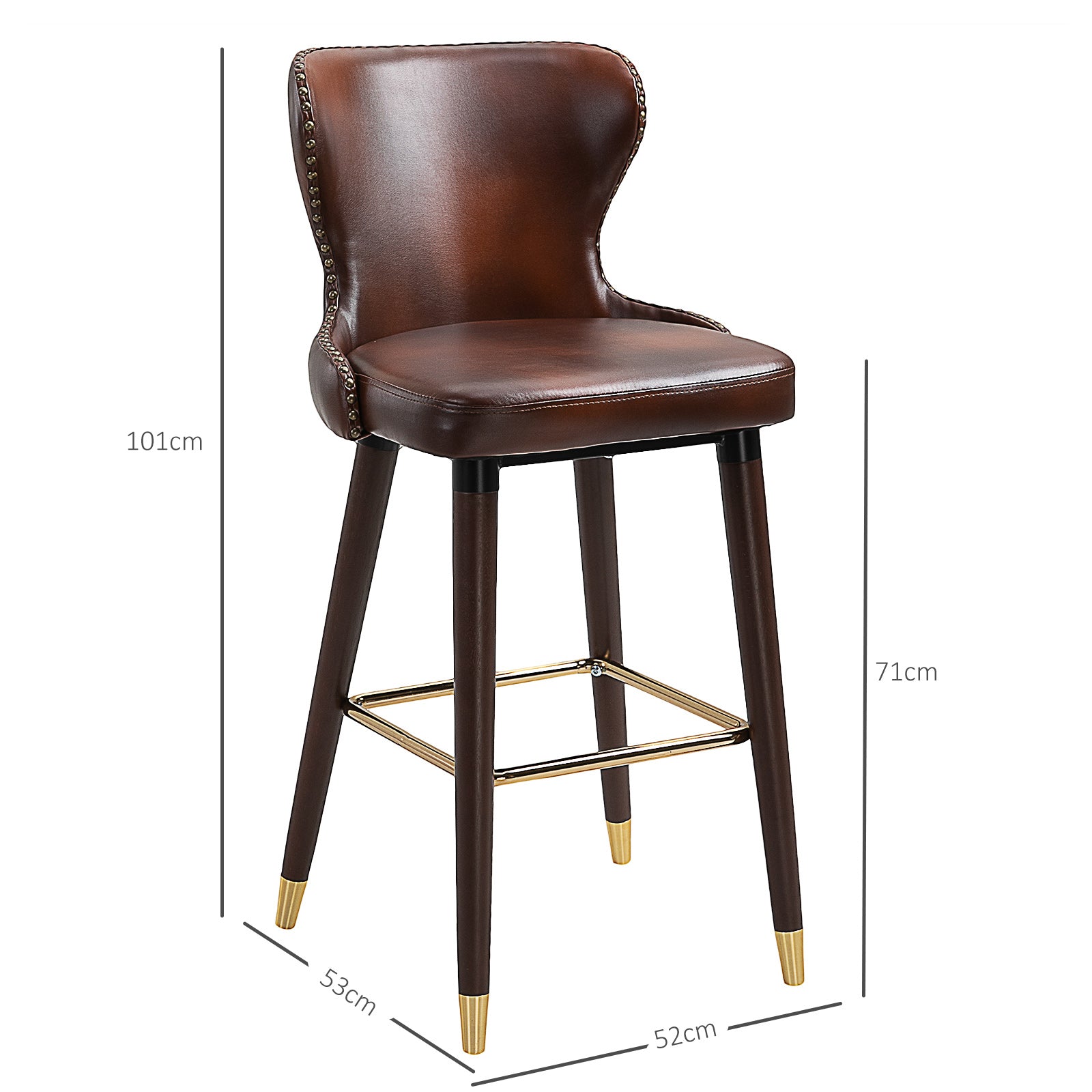 Bar Stools Set of 2, PU Leather Upholstered Breakfast Bar Chairs with 71cm Seat Height, Retro Kitchen Stools with Wingbacks, Nailhead Trim and Footrest, Brown