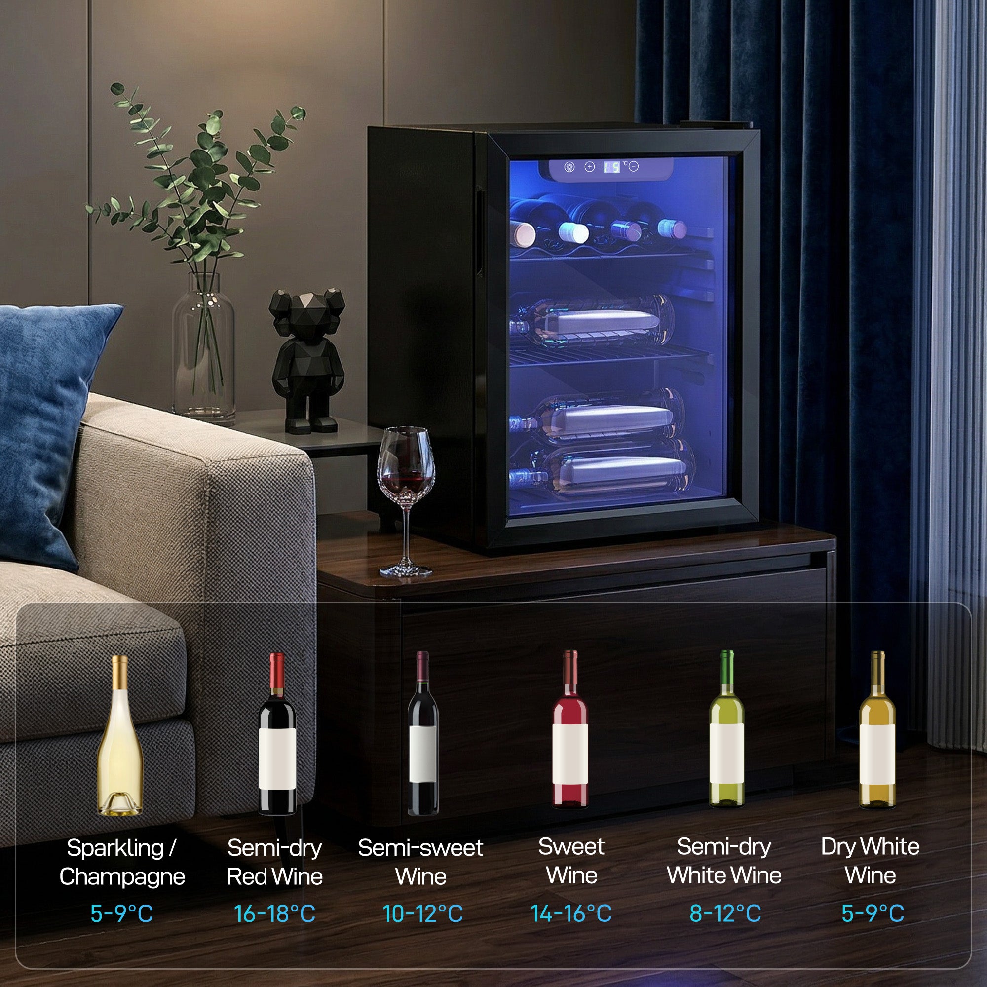 16 Bottle Wine Cooler, 48 Litre Capacity, 4-16°C Under Counter Drinks Beer Wine Fridge with Glass Door, LED Light, Black