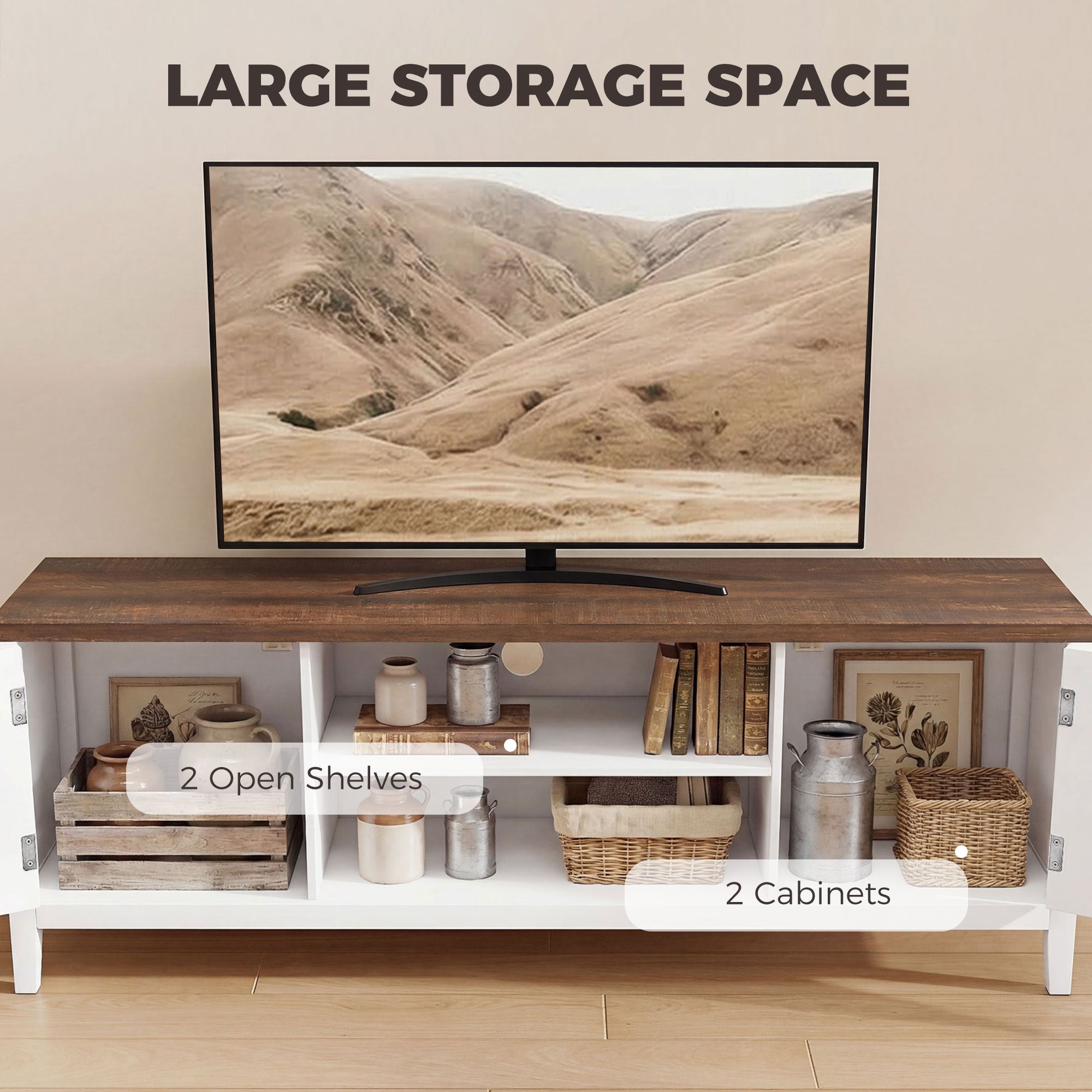 TV Unit for TVs up to 42 Inch, Farmhouse Entertainment Centre with 2 Open Shelves, 2 Cabinets and Thick Top