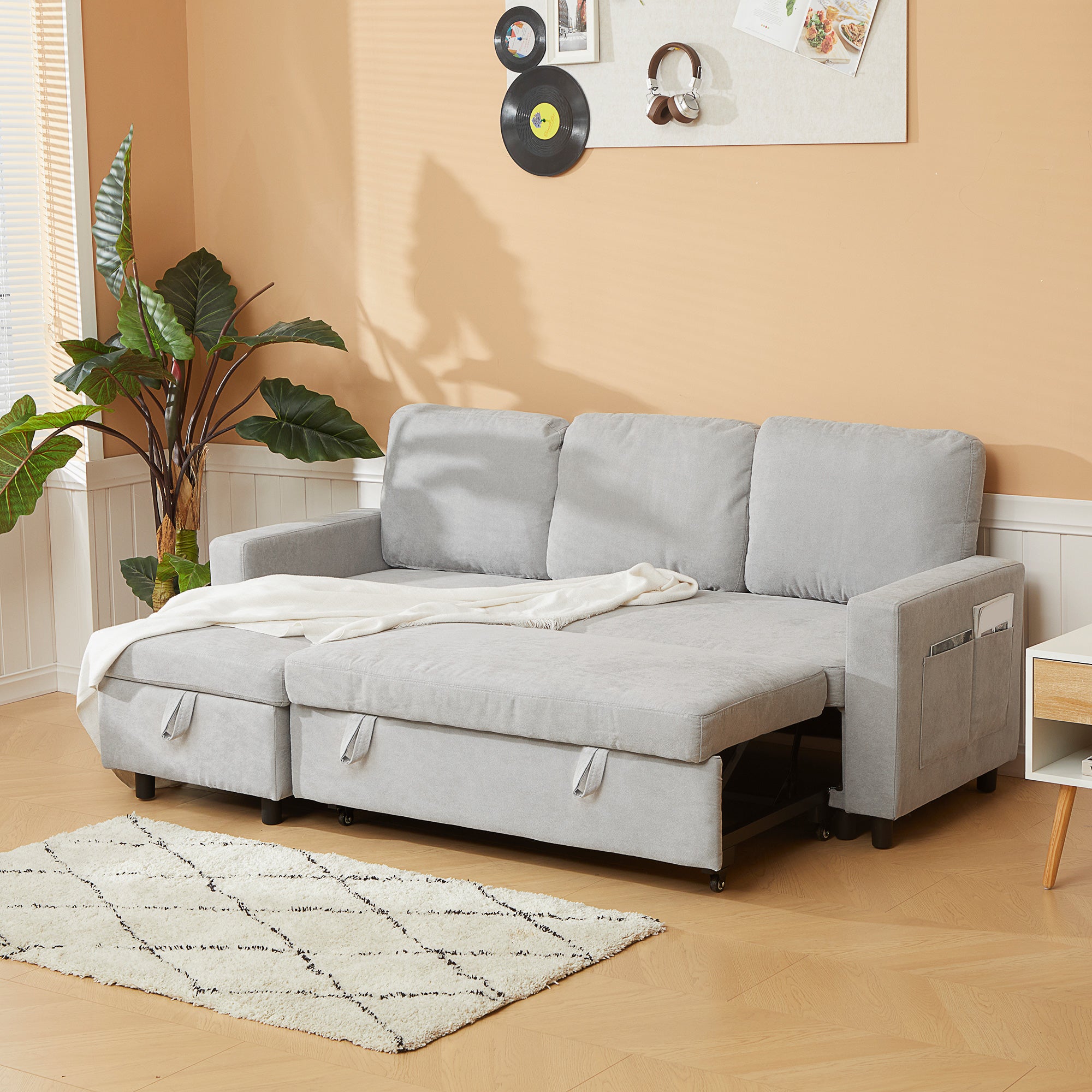 L Sofa Bed, with Storage - Light Grey