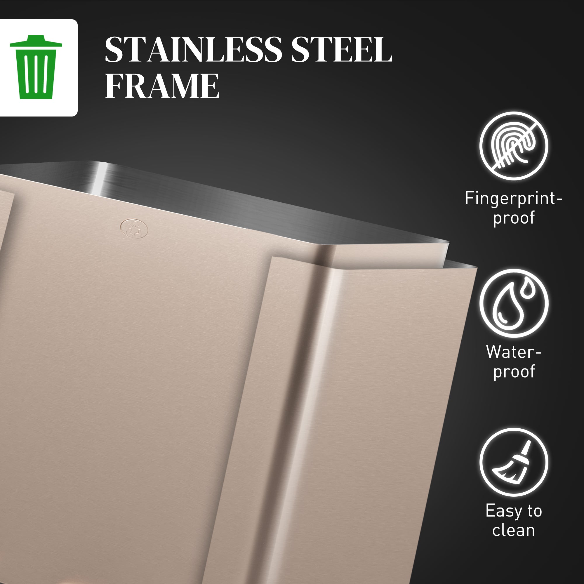 45L Triple Compartment Stainless Steel Bin, with Deodoriser Holders - Gold Tone