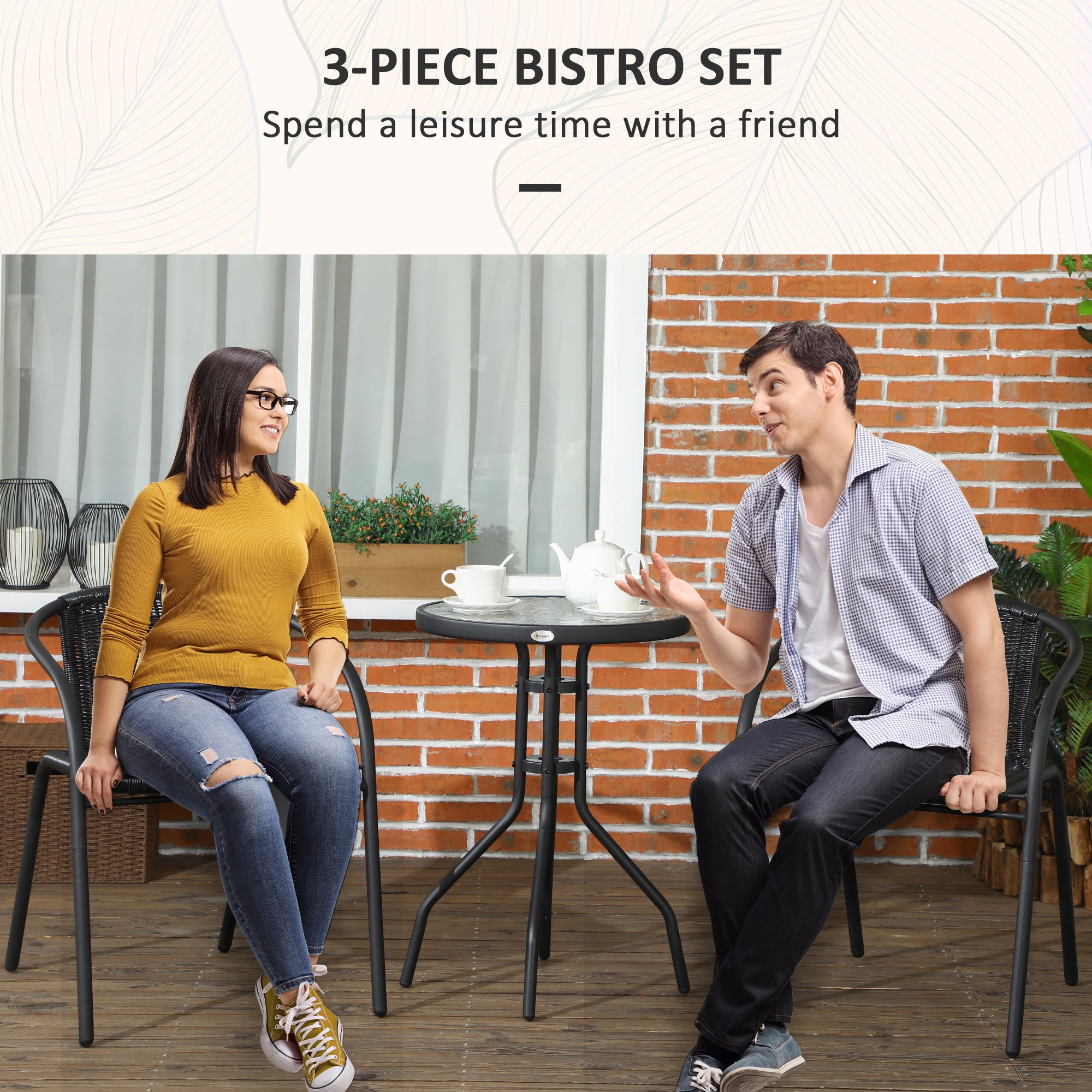 3 Piece Rattan Bistro Set with Tempered Glass Table - Black