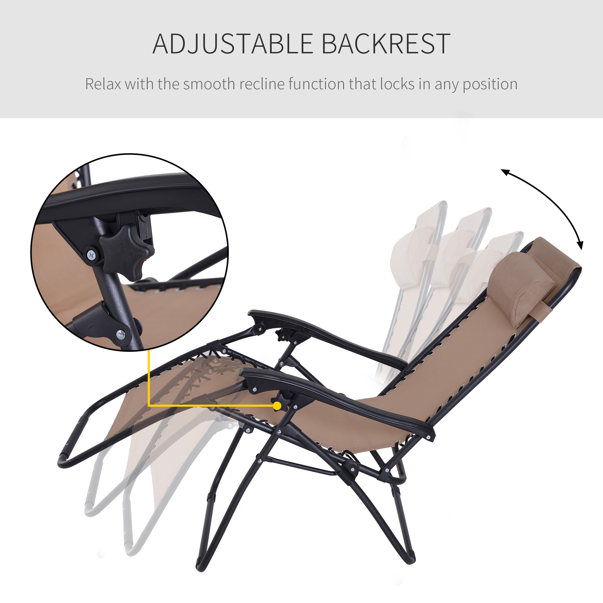 Zero Gravity Chair Set of 2, Metal Frame Texteline Armchair Outdoor Folding and Reclining Sun Lounger with Head Pillow for Patio Decking Gardens Camping, Beige