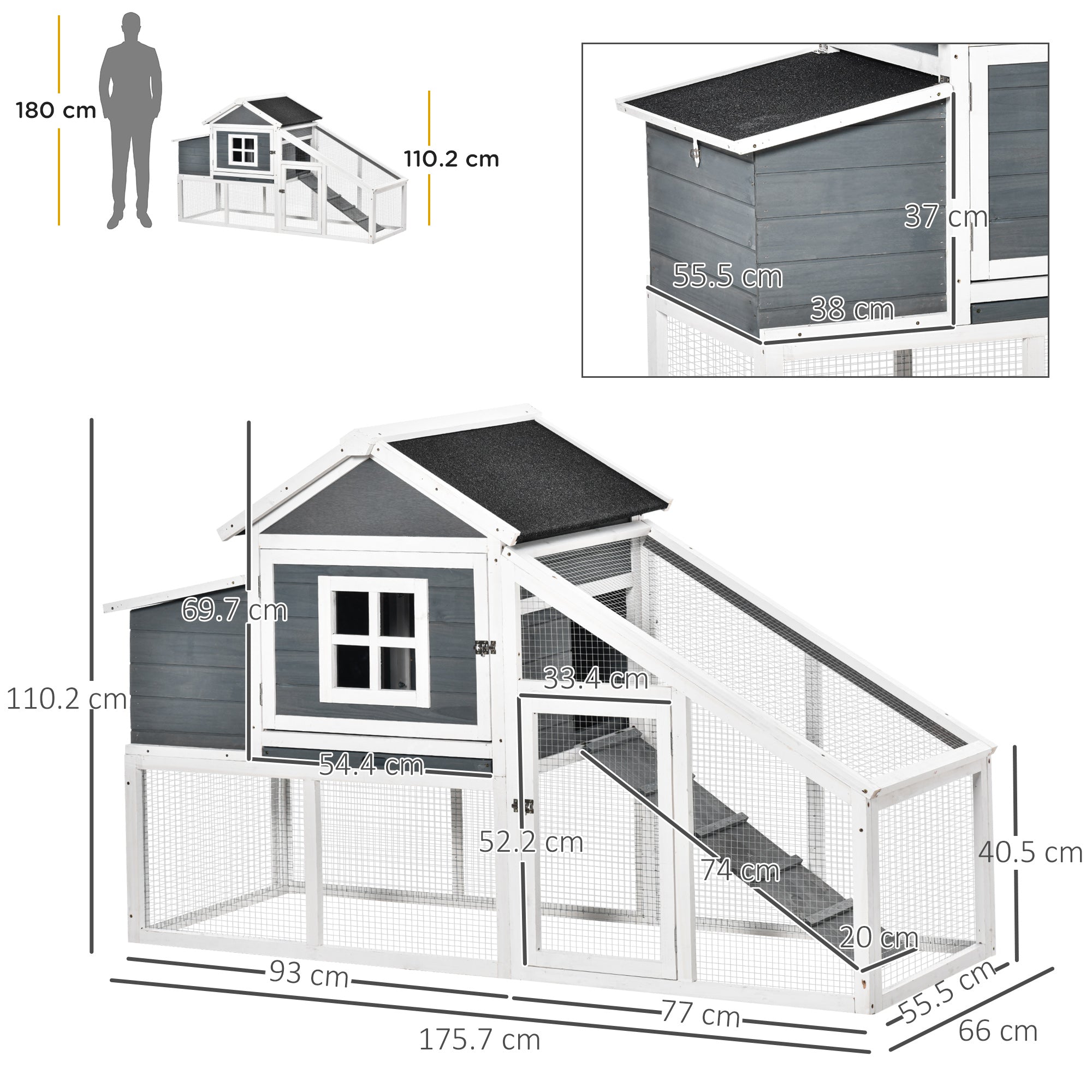 Chicken Coop, Rabbit Hutch, Hen House, Wooden Poultry Habitat with Outdoor Run, Nesting Box, Slide Out Tray, Lockable Doors, Ramp, Window, 176 x 66 x 110cm, White