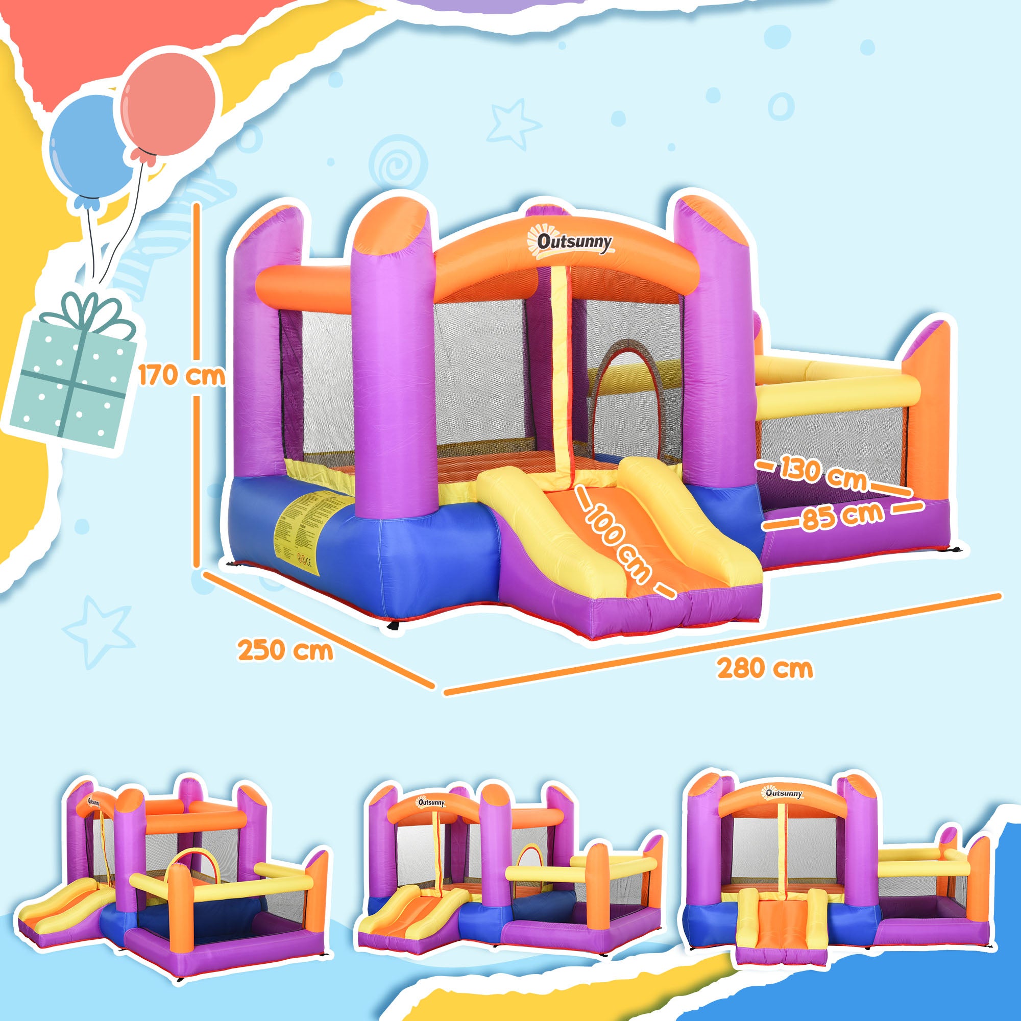 Kids Bouncy Castle House Inflatable Trampoline Slide Water Pool 3 in 1 with Blower for Kids Age 3-8 Multi-color 2.8 x 2.5 x 1.7m