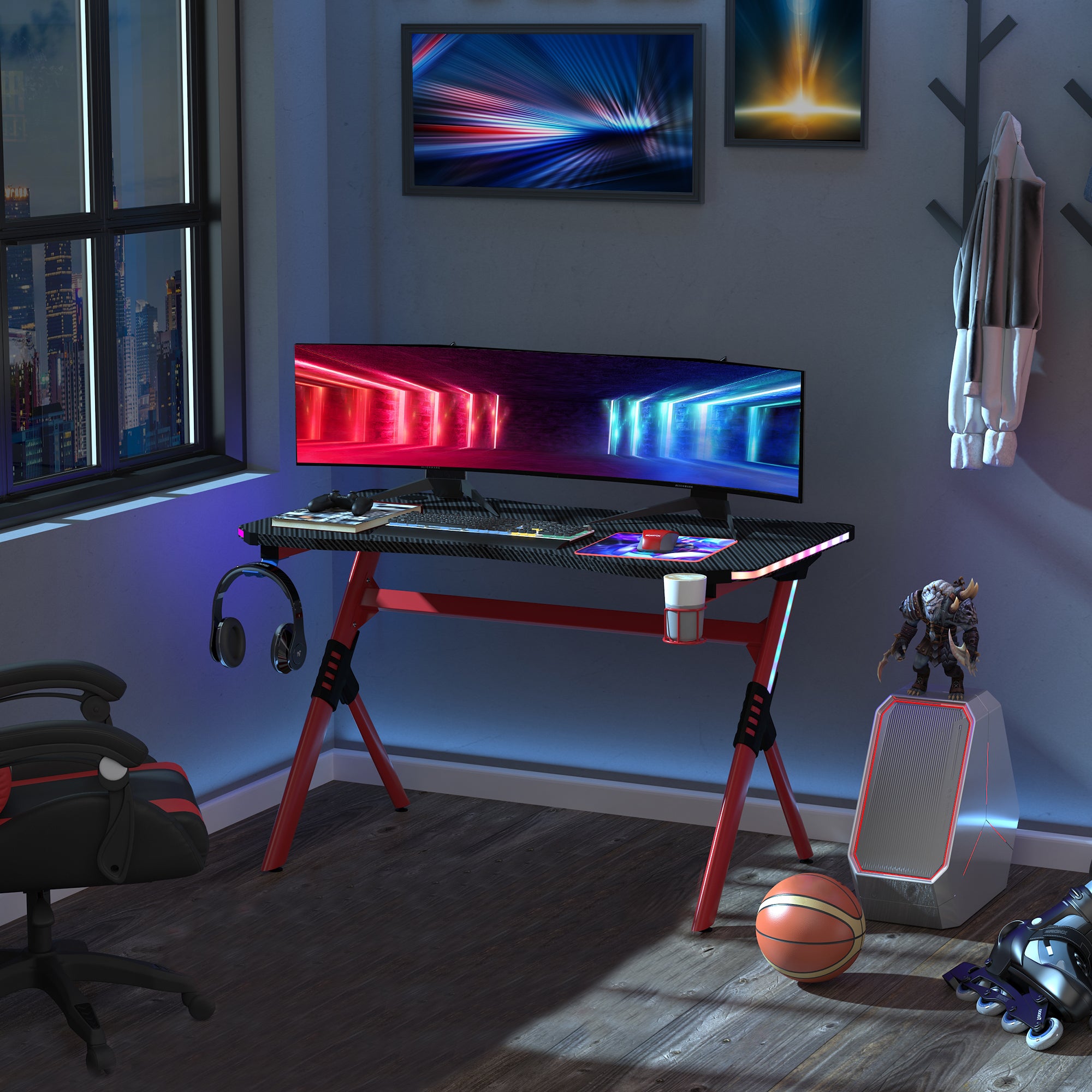 Gaming Desk with RGB LED Lights, Racing Style Computer Table with Carbon Fibre Surface, Cup Holder, Cable Management, Red