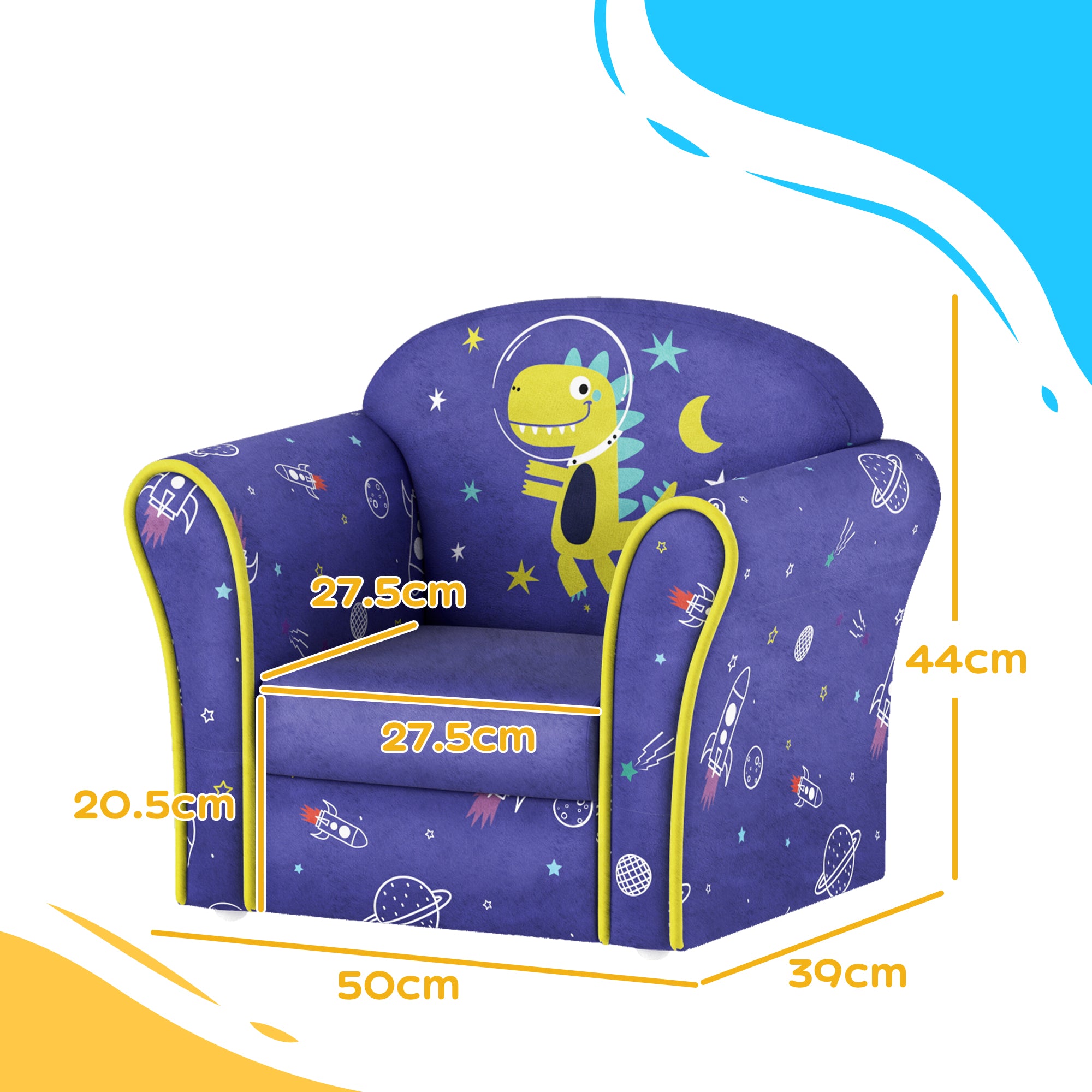 Kids Armchair with Planet Dinosaurs Design, Wooden Frame, for Bedroom, Playroom, Kids Room, Blue