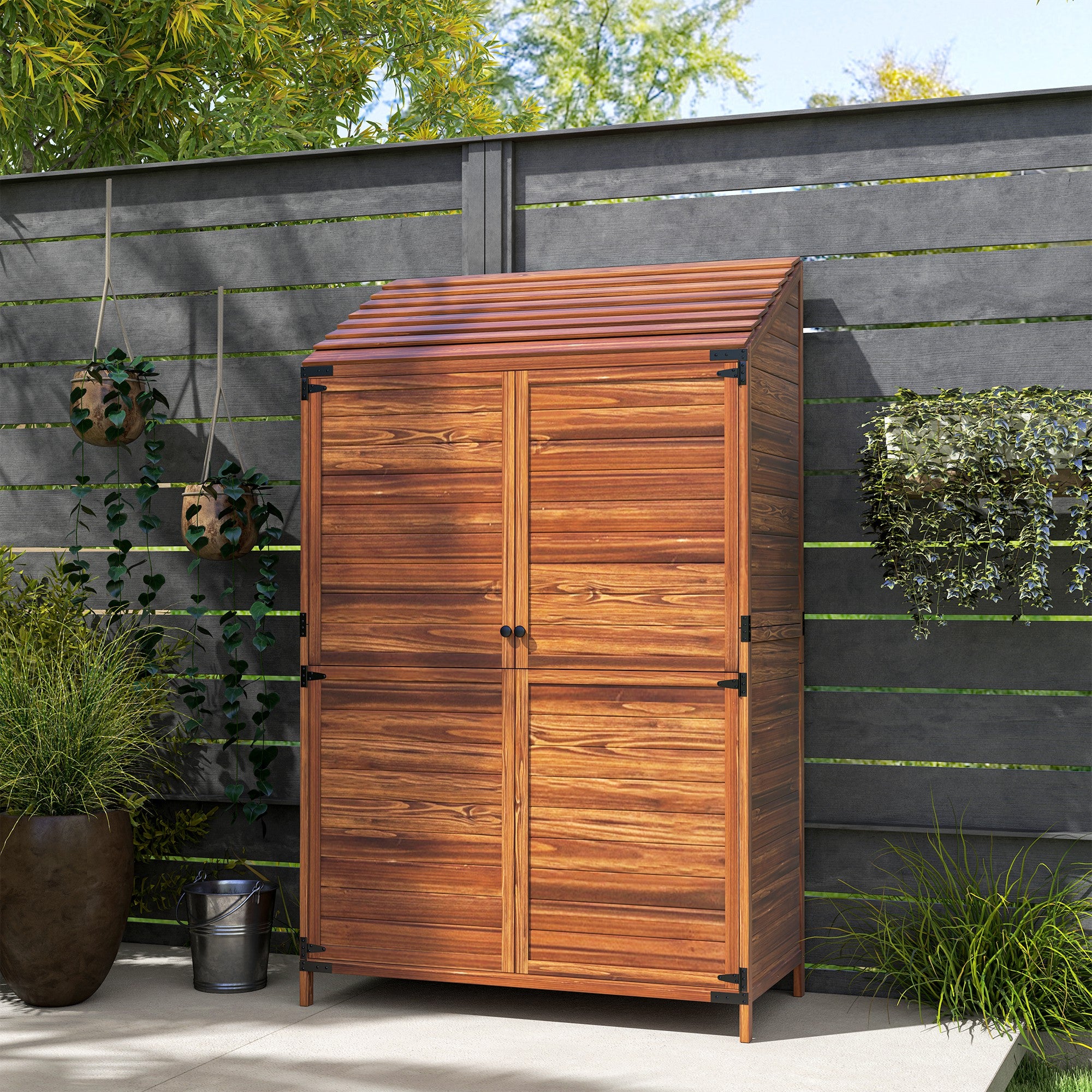 Two-Tier Wooden Garden Shed with Double Doors and Shelves - Brown
