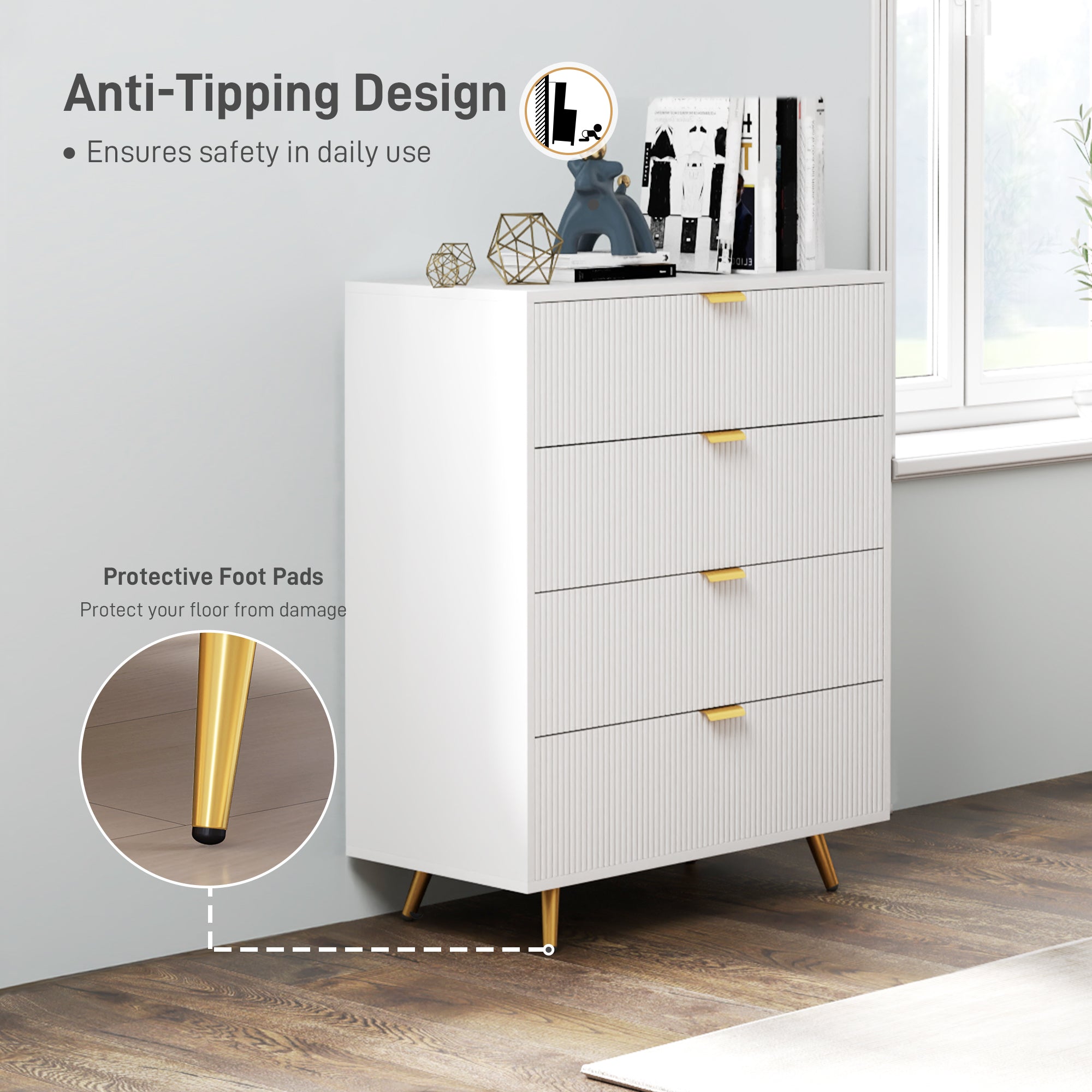 Elegant Four-Drawer Bedside Table with Gold Handles - White