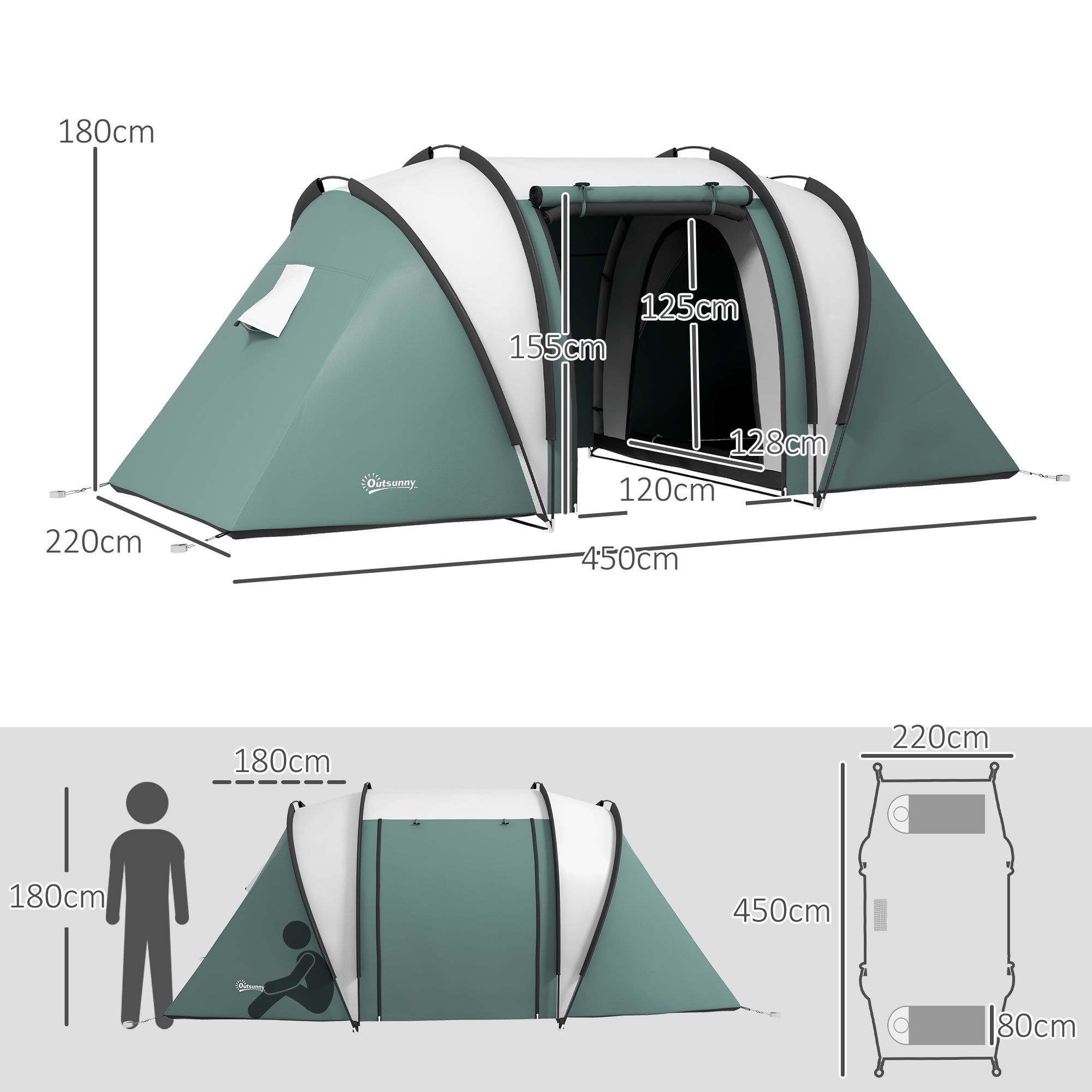 Camping Tent with 2 Bedrooms and Living Area, 3000mm Waterproof Family Tent, for Fishing Hiking Festival, Dark Green