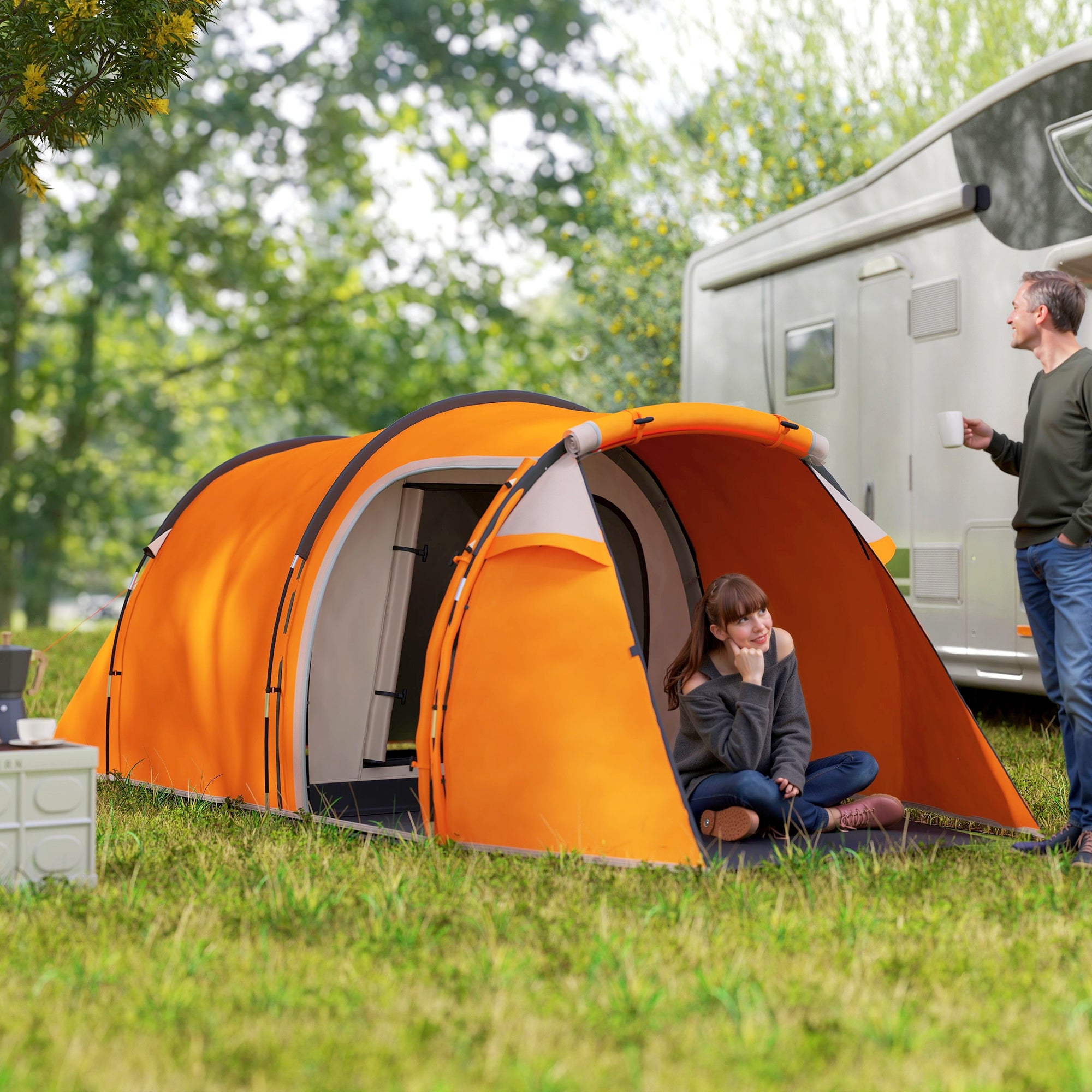2-3 Man Tunnel Tents w/ Vestibule Camping Tent Porch Air Vents Weather-Resistant Shelter, Orange