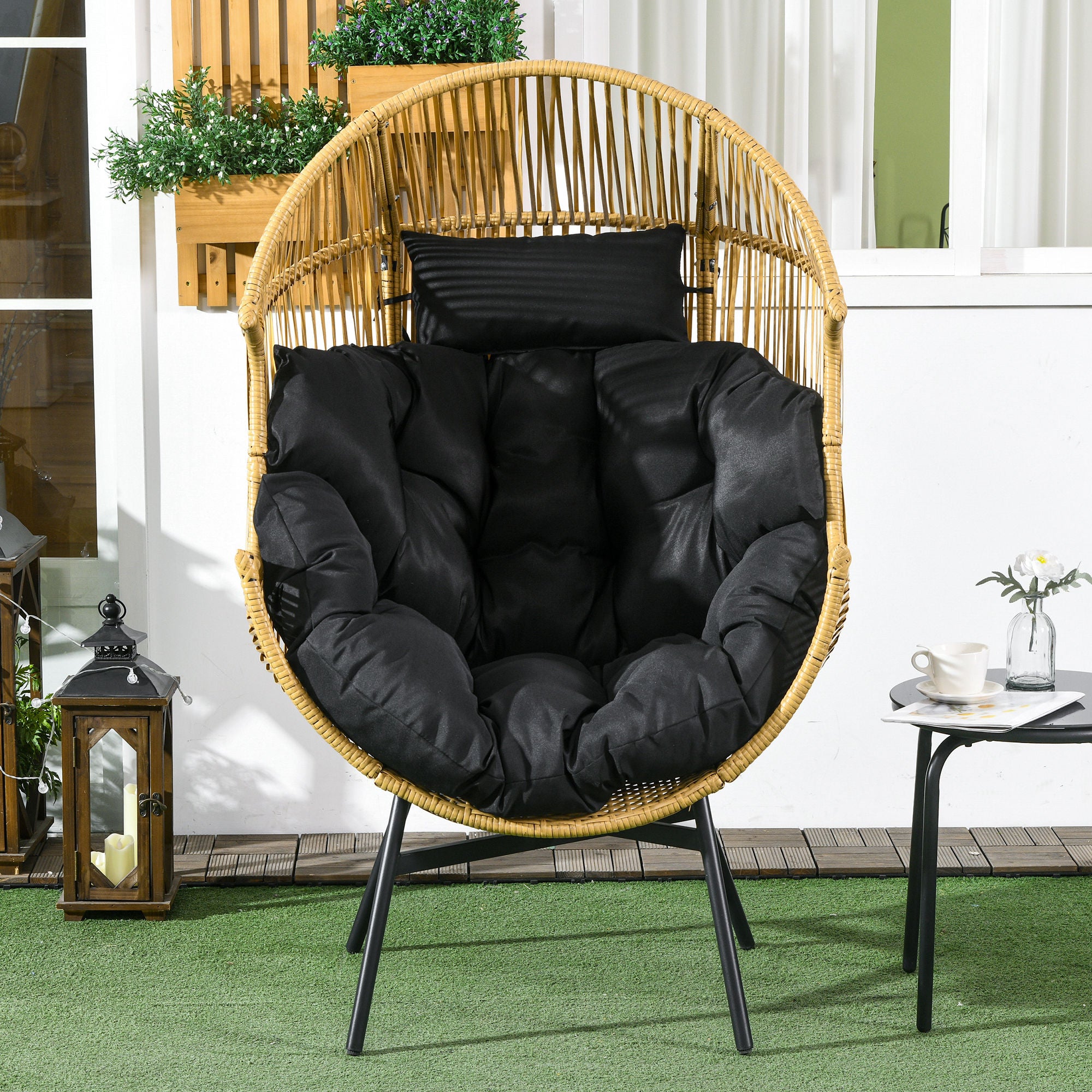 String Rattan Egg Chair, with Padded Seat Cushion - Sand/Black