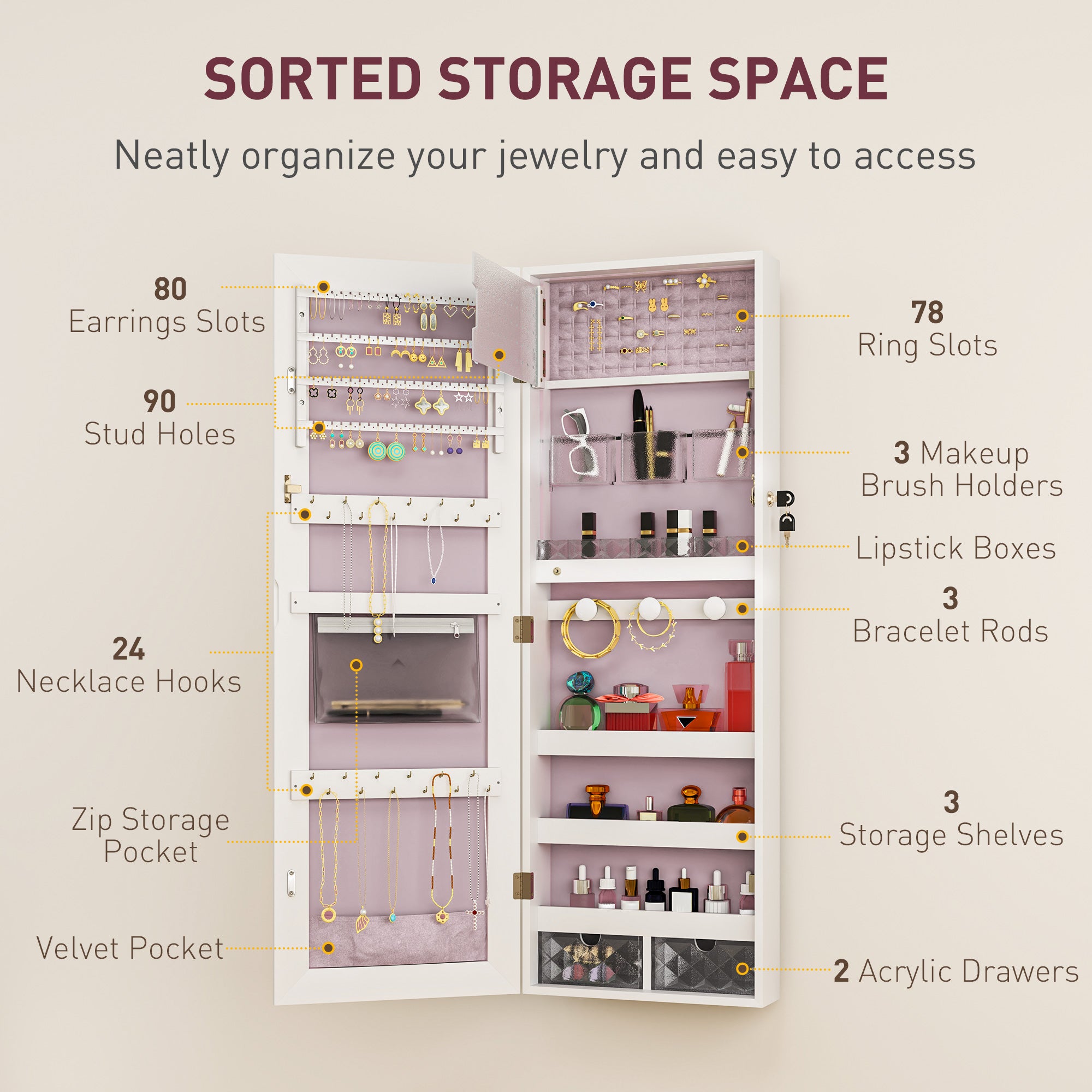 108 x 37cm Lockable Jewellery Cabinet, with LED Lights - White Surface and Pink Lining