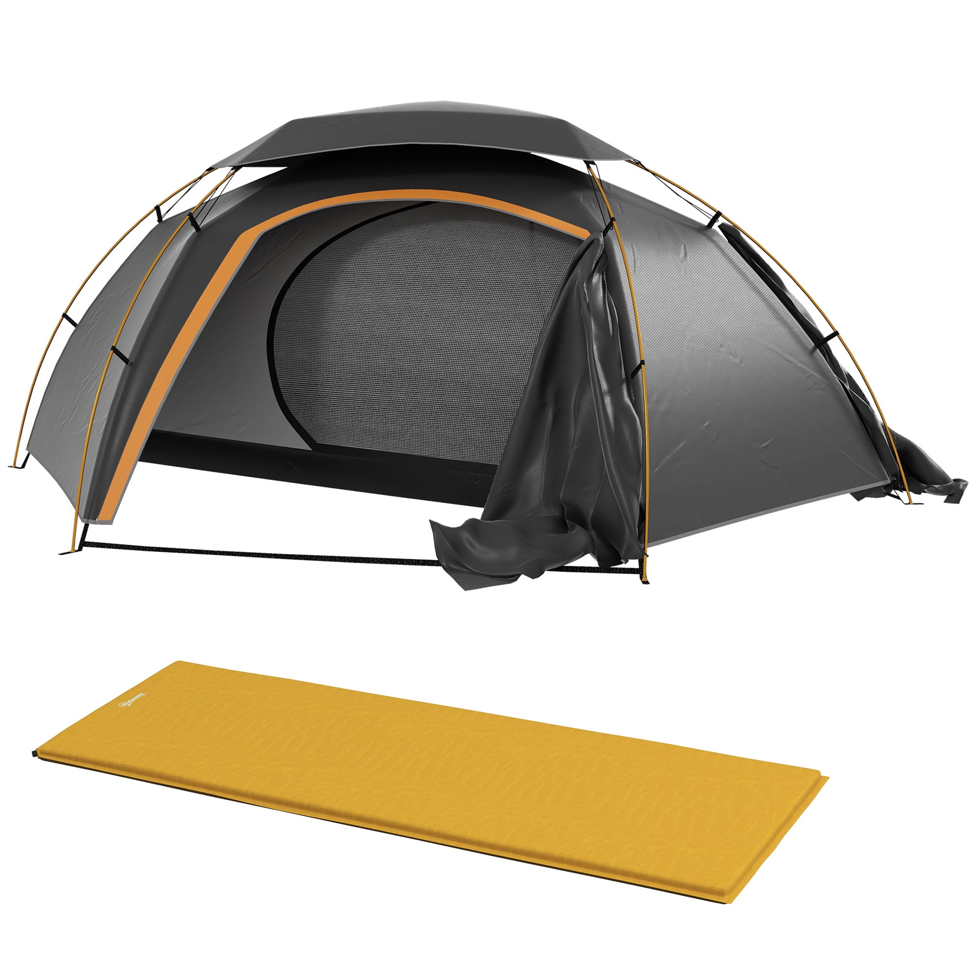 Camping Tent with Self Inflatable Mattress, 1 Person Dome Tent with Removable Rainfly and Aluminium Frame, 2000mm Waterproof, Portable with Bags, for Fishing Hiking, Dark Grey/Khaki