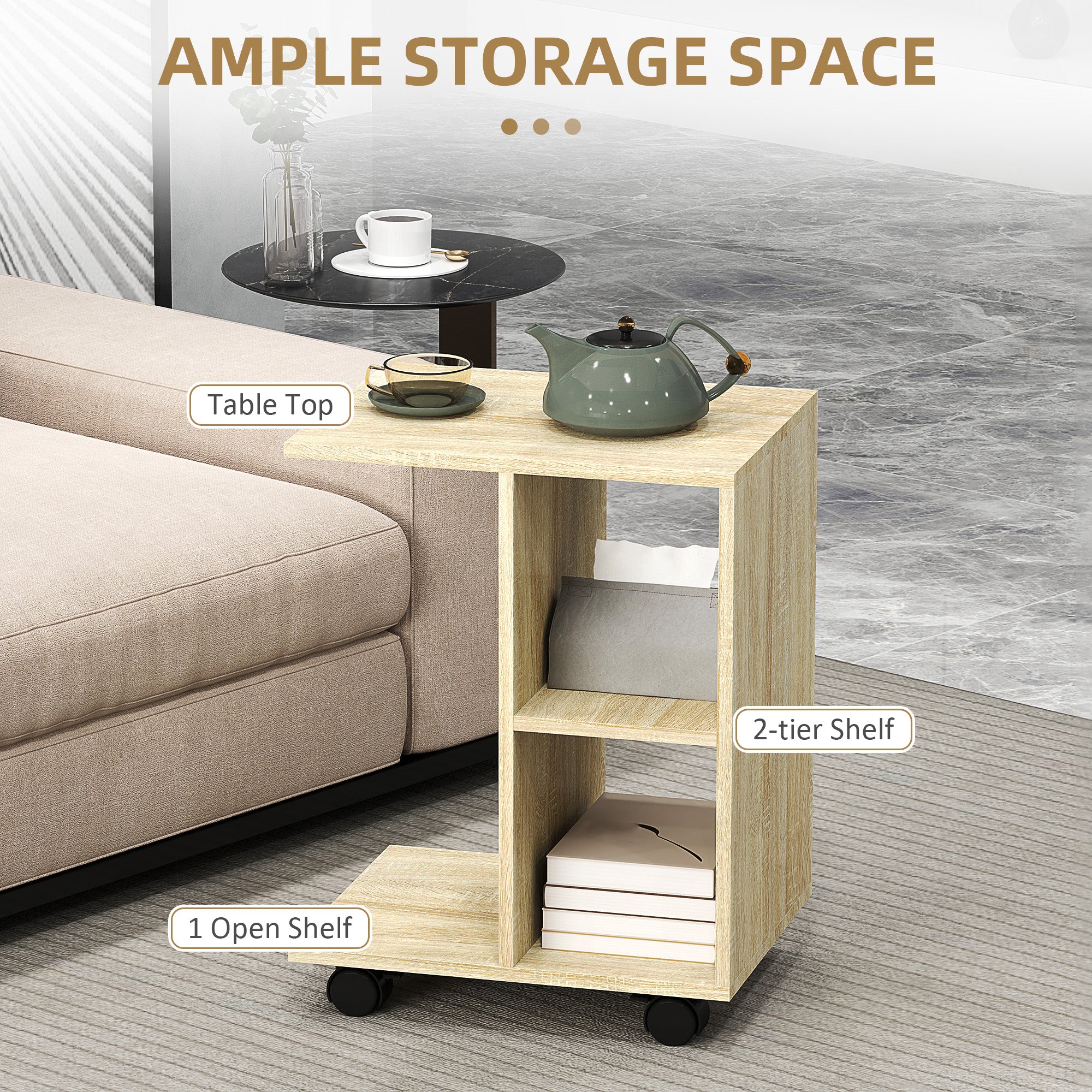 C-Shape End Table Unique Storage Unit w/ 2 Shelves 4 Wheels Freestanding Home Office Furniture Cabinet Square Studio Natural