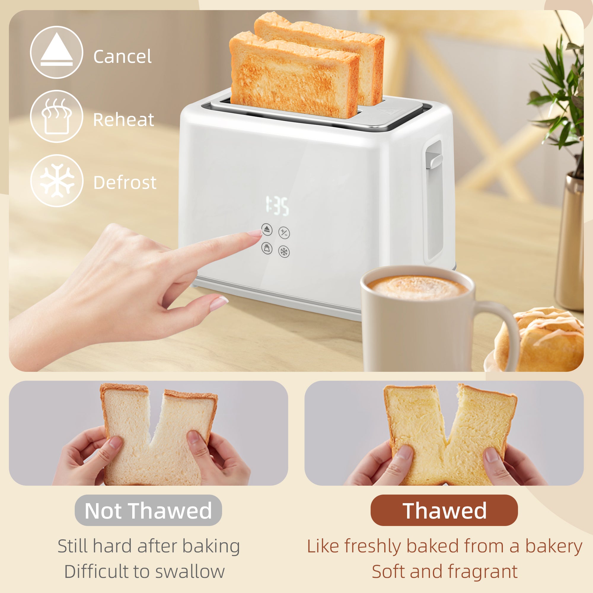 Kettle and Toaster Set, 1.5L 3000W Fast Boil Kettle with Insulation & 2 Slice Toaster Kitchen Set with 7 Level Browning Controls, Defrost, Reheat and Crumb Tray, Cream White