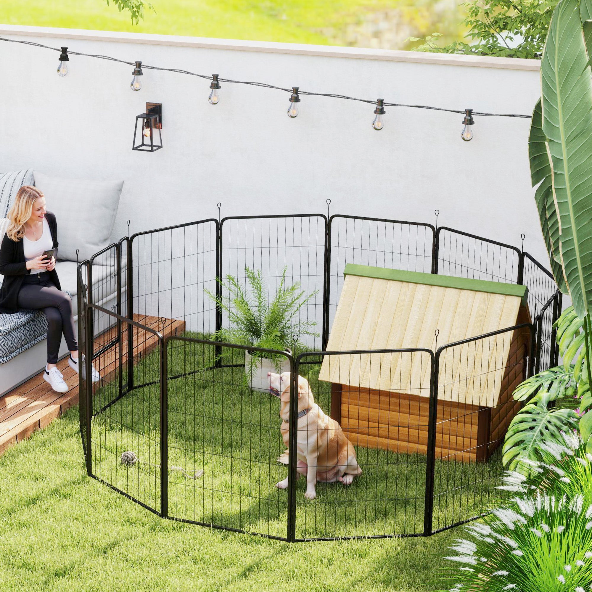 12 Panels Heavy Duty Dog Playpen with Doors, for Large Dogs, 100cm High, Black