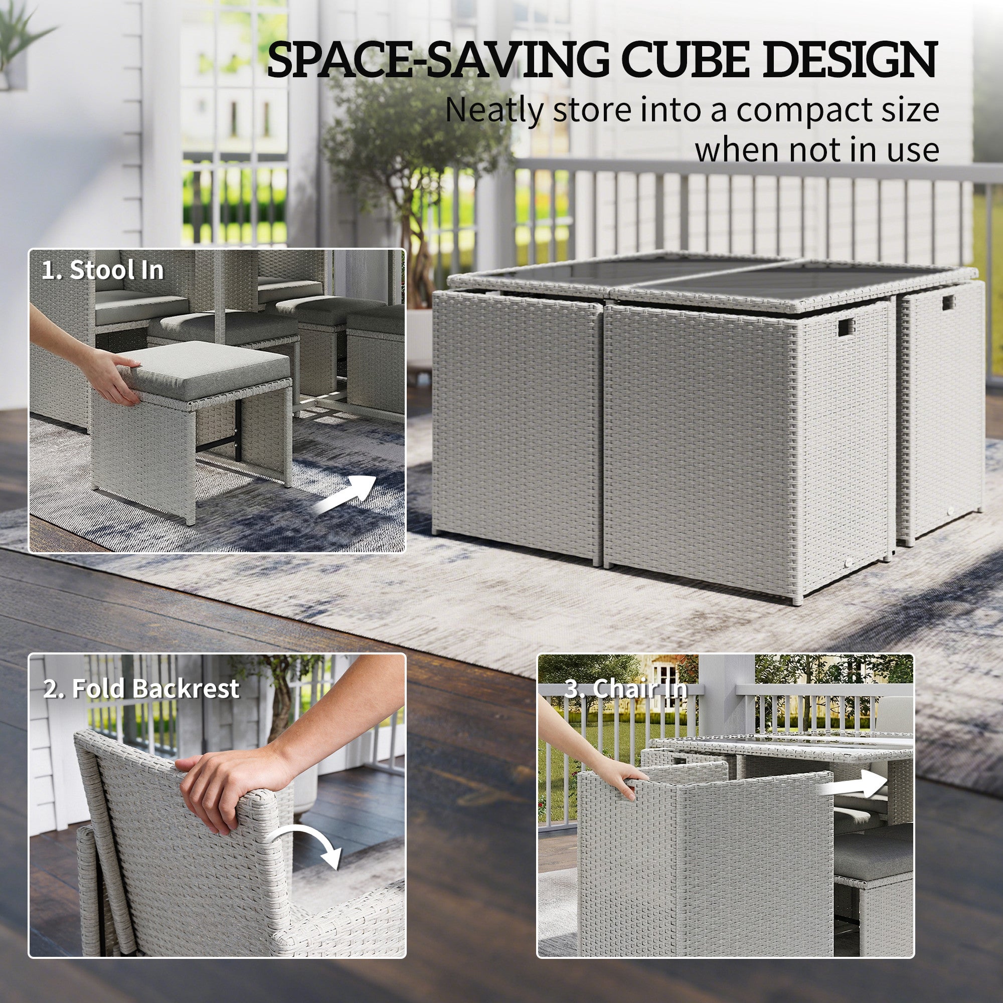 9 Piece Rattan Cube Garden Furniture Dining Set with Armchairs, Footstools and Glass-Top Table, Light Grey