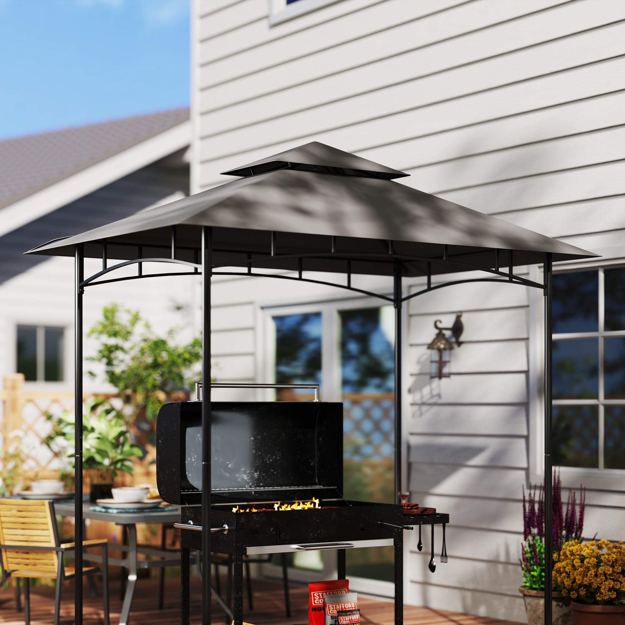 Grill Gazebo Replacement Canopy Roof for 1.5 x 2.4m Frame, UPF50+ Protection, Double Tiered 5' x 8' Outdoor BBQ Gazebo Cover Replacement, TOP COVER ONLY, Dark Grey