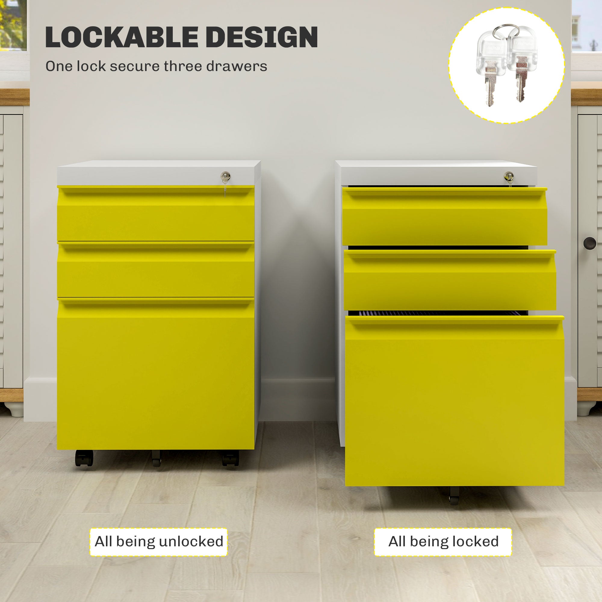 3 Drawer Filling Cabinet, Mobile Metal File Cabinet with Anti-tilt Design for Letter, A4, Legal Size, Yellow