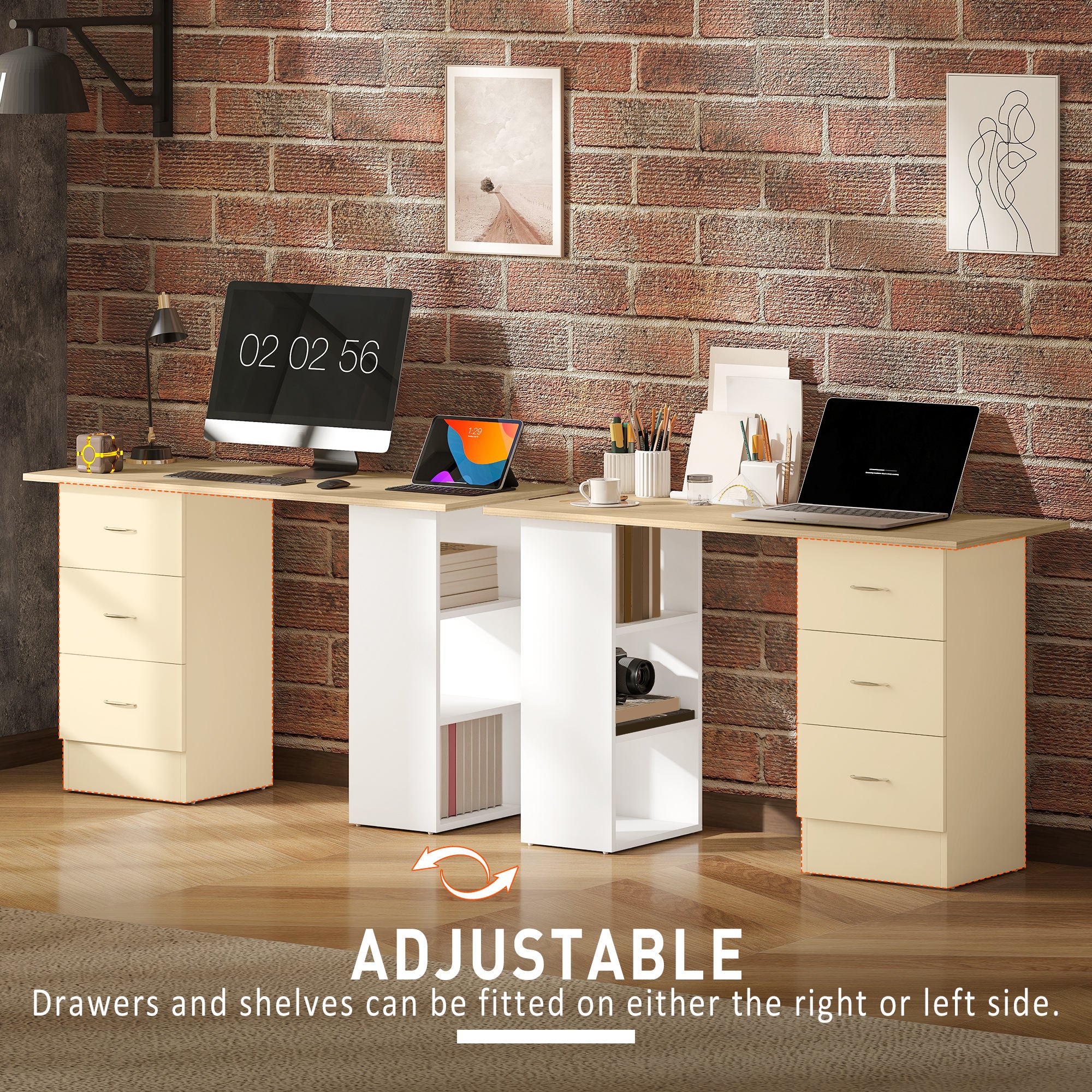 Computer Desk with Drawers, Home Office Desk, Writing Table, PC Workstation with 3 Storage Shelves for Working, Study, 120 x 49 x 72 cm, Natural Wood Finish and White