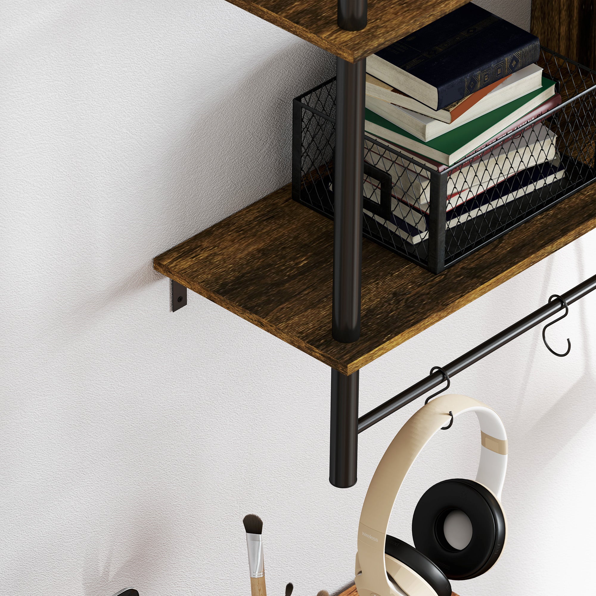 Three-Tier Floating Wall Shelf with Hooks - Brown/Black