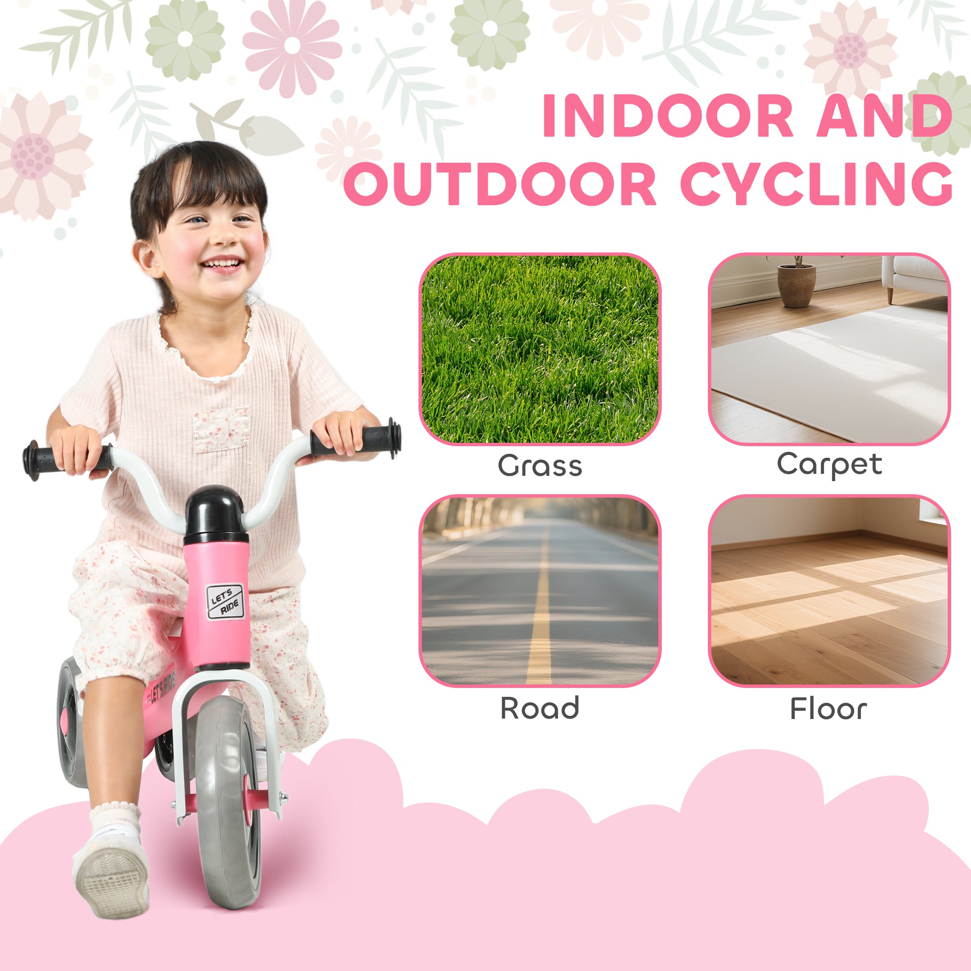 Toddler Balance Bike with No Pedal, 3 Silence Wheels for 12-36 Months Boys and Girls, Indoor Outdoor, Pink